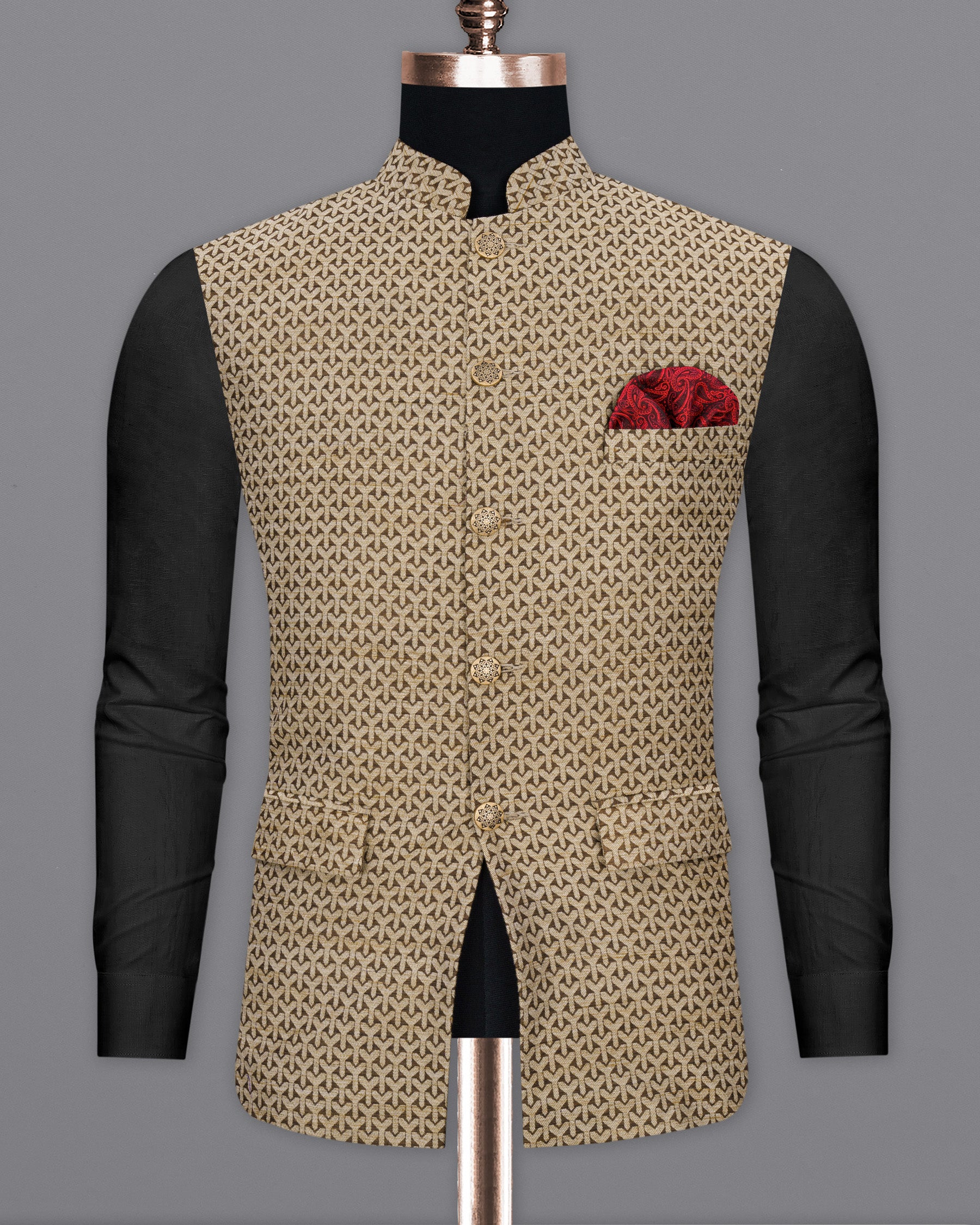 Shingle Fawn Brown and Sapling Beige Textured Nehru Jacket WC1675-36, WC1675-38, WC1675-40, WC1675-42, WC1675-44, WC1675-46, WC1675-48, WC1675-50, WC1675-52, WC1675-54, WC1675-56, WC1675-58, WC1675-60