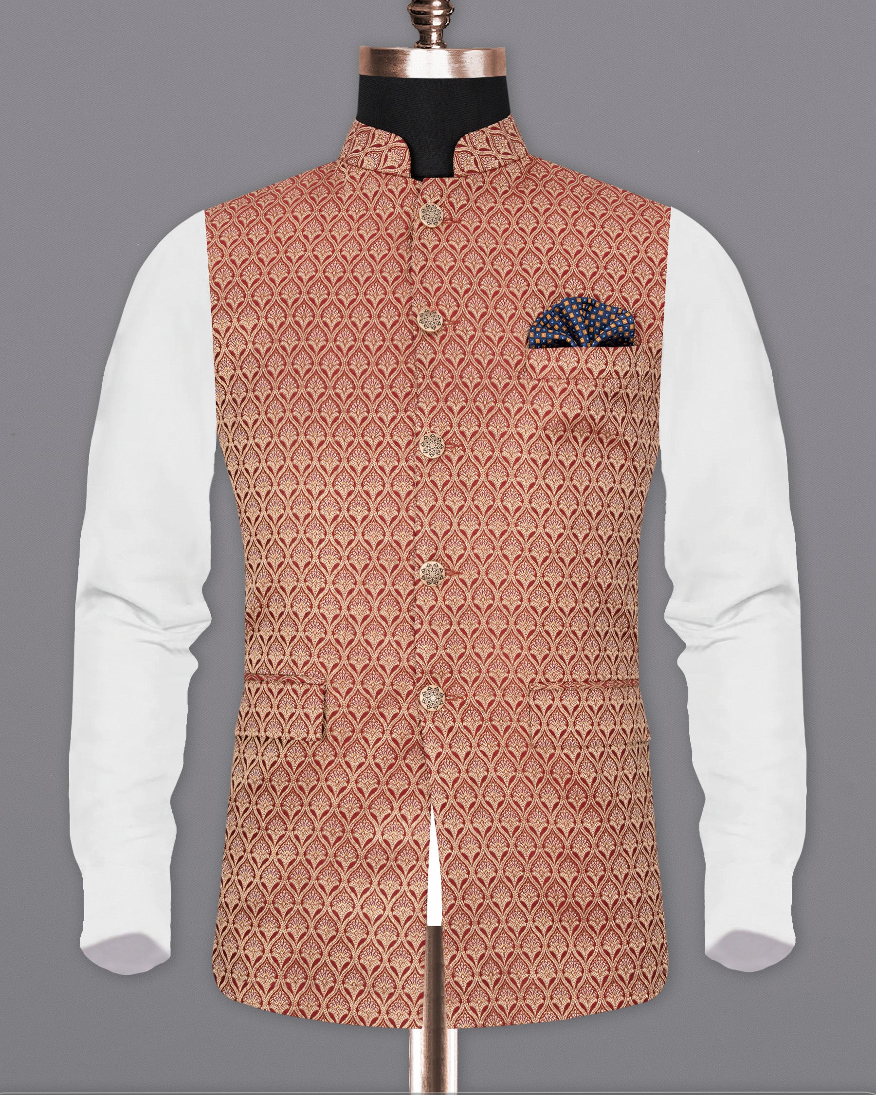 Merlot Red and Anzac Cream Jacquard Textured Nehru Jacket C1677-58, WC1677-60