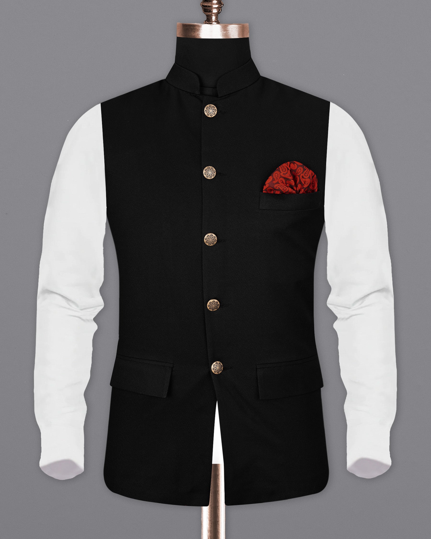 Jade Black Textured Nehru Jacket WC1683-36, WC1683-38, WC1683-40, WC1683-42, WC1683-44, WC1683-46, WC1683-48, WC1683-50, WC1683-52, WC1683-54, WC1683-56, WC1683-58, WC1683-60