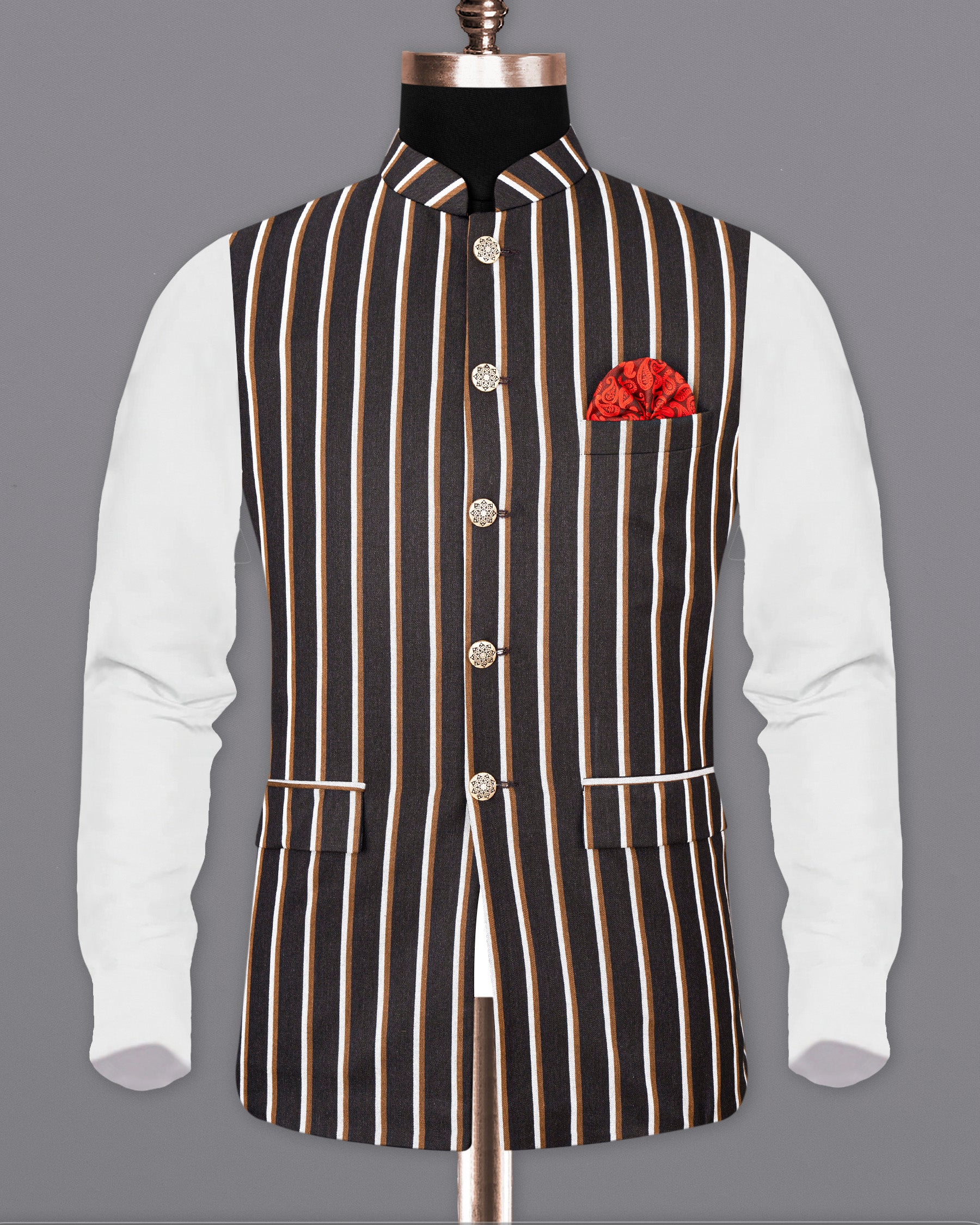 Thunder Brown Striped Nehru Jacket WC1777-36, WC1777-38, WC1777-40, WC1777-42, WC1777-44, WC1777-46, WC1777-48, WC1777-50, WC1777-52, WC1777-54, WC1777-56, WC1777-58, WC1777-60