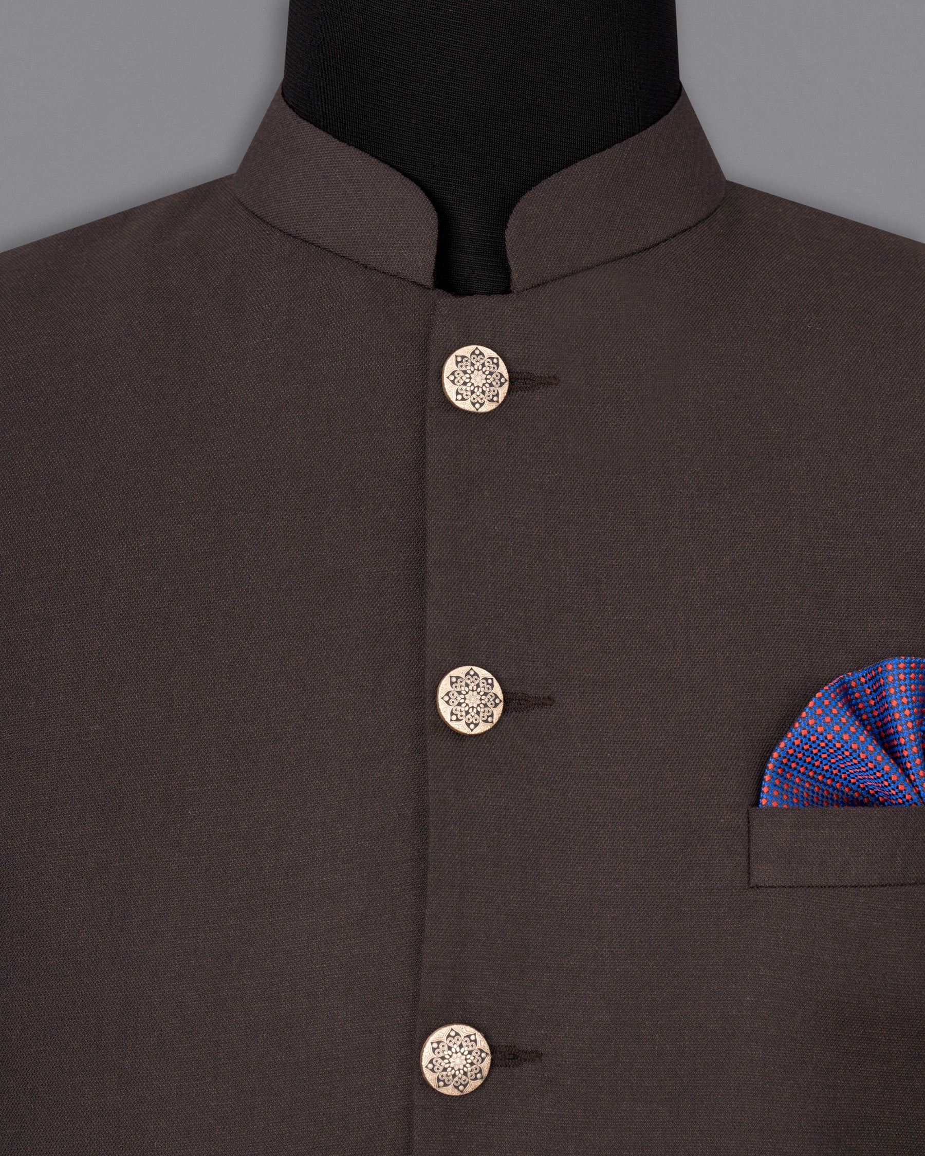 Piano Brown Nehru Jacket  WC1829-36, WC1829-38, WC1829-40, WC1829-42, WC1829-44, WC1829-46, WC1829-48, WC1829-50, WC1829-52, WC1829-54, WC1829-56, WC1829-58, WC1829-60