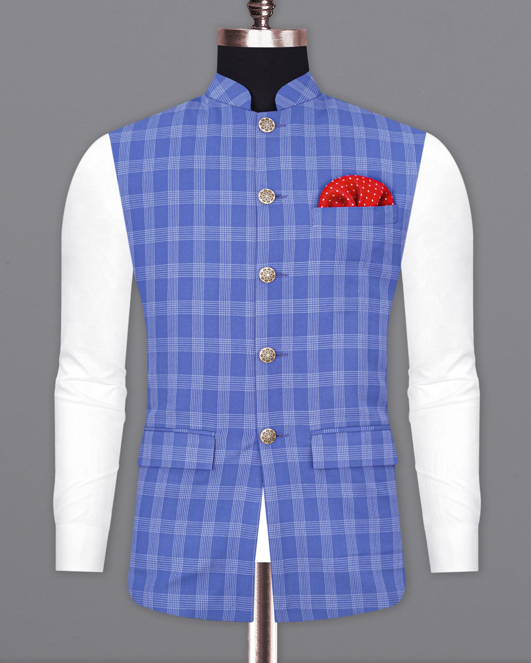 Glaucous Blue Plaid Nehru Jacket WC1860-36, WC1860-38, WC1860-40, WC1860-42, WC1860-44, WC1860-46, WC1860-48, WC1860-50, WC1860-52, WC1860-54, WC1860-56, WC1860-58, WC1860-60