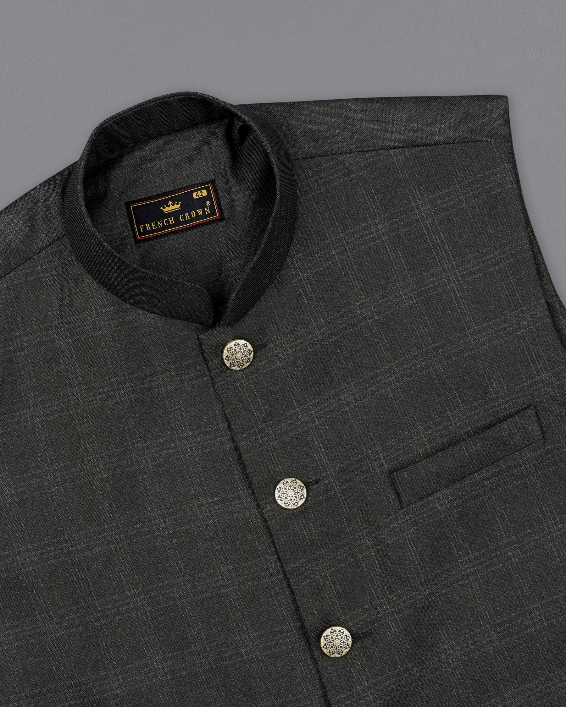 Charcoal Gray Plaid Nahru Jacket WC1947-36, WC1947-38, WC1947-40, WC1947-42, WC1947-44, WC1947-46, WC1947-48, WC1947-50, WC1947-52, WC1947-54, WC1947-56, WC1947-58, WC1947-60