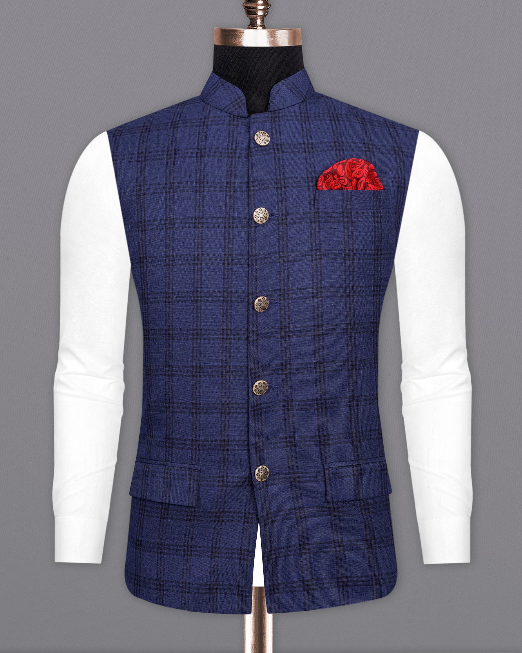 Cloud Burst Blue With Black Checks Plaid Premium Terry Rayon Nehru Jackets For Men 3696