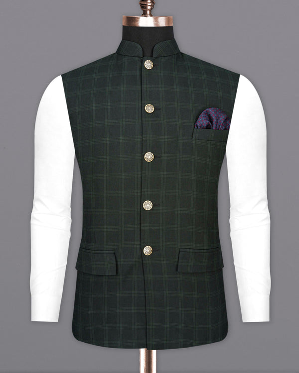 Zeus Green Plaid Bandhgala Nehru Jacket WC2039-36, WC2039-38, WC2039-40, WC2039-42, WC2039-44, WC2039-46, WC2039-48, WC2039-50, WC2039-52, WC2039-54, WC2039-56, WC2039-58, WC2039-60