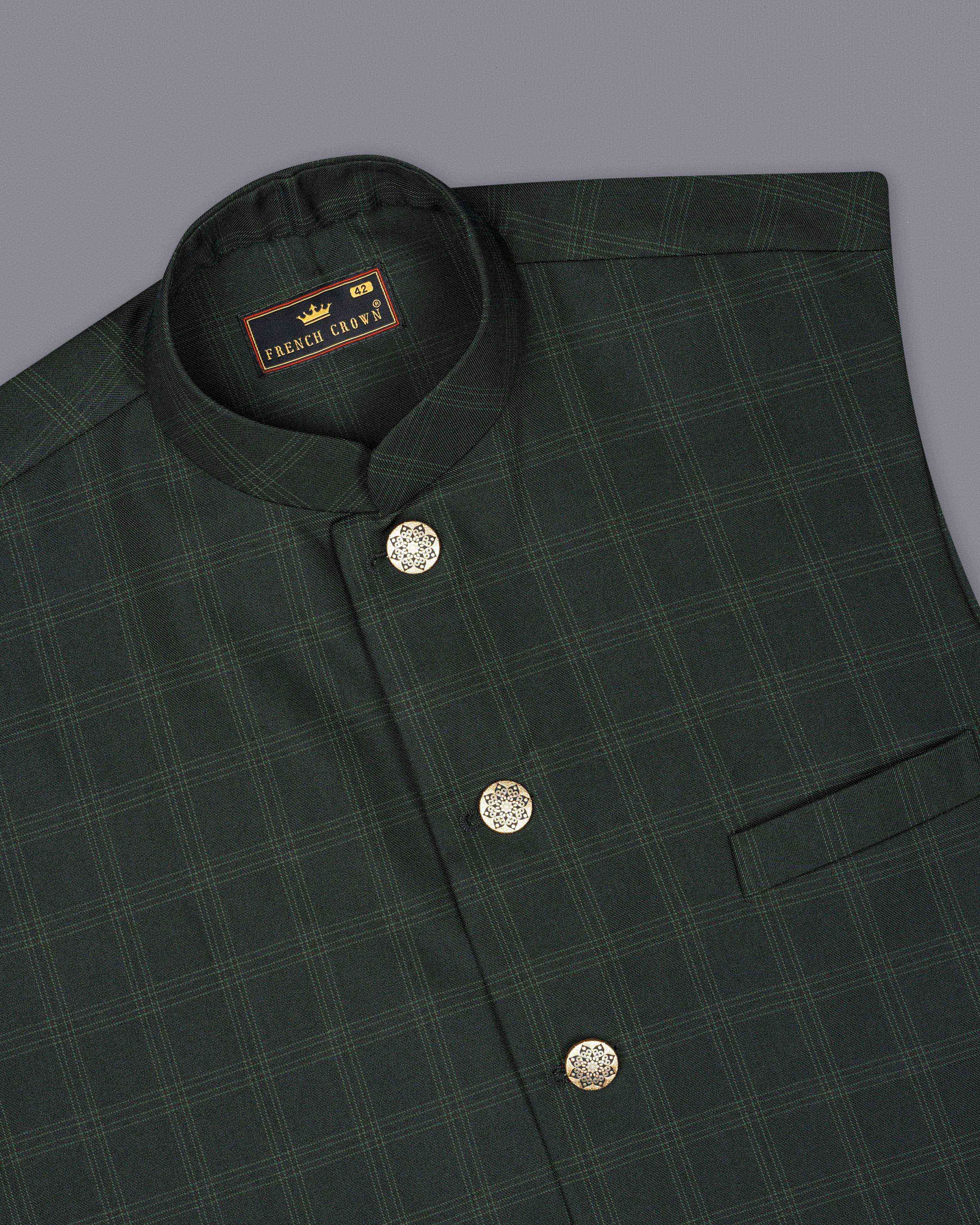 Zeus Green Plaid Bandhgala Nehru Jacket WC2039-36, WC2039-38, WC2039-40, WC2039-42, WC2039-44, WC2039-46, WC2039-48, WC2039-50, WC2039-52, WC2039-54, WC2039-56, WC2039-58, WC2039-60