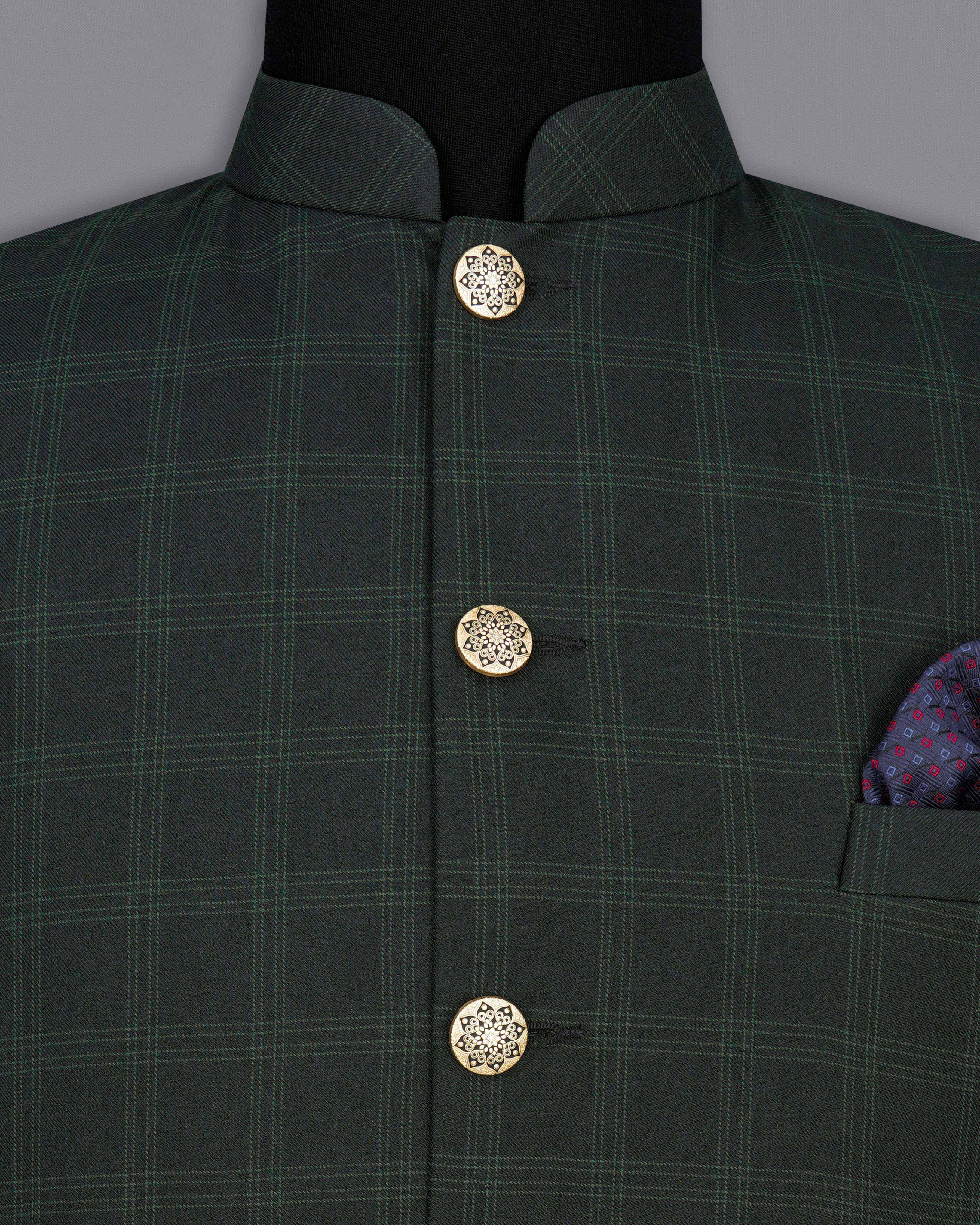 Zeus Green Plaid Bandhgala Nehru Jacket WC2039-36, WC2039-38, WC2039-40, WC2039-42, WC2039-44, WC2039-46, WC2039-48, WC2039-50, WC2039-52, WC2039-54, WC2039-56, WC2039-58, WC2039-60