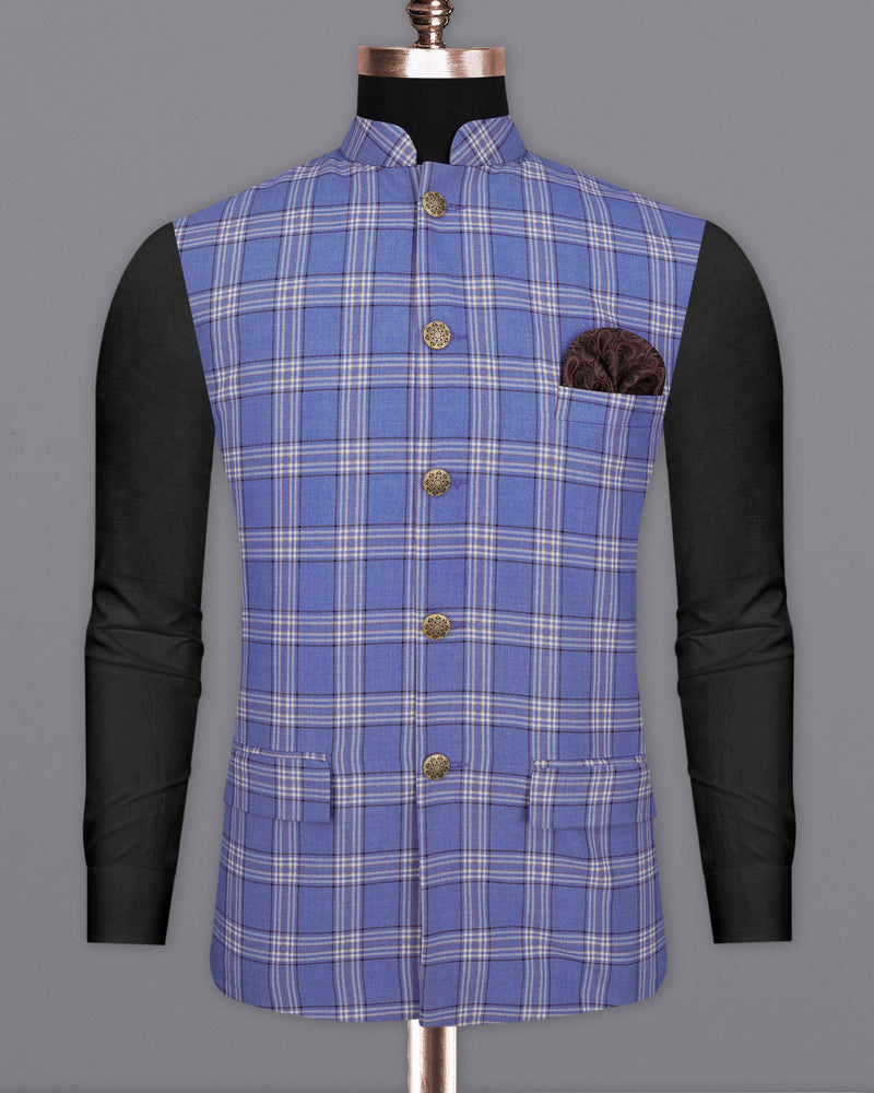 Scampi Blue with Heather Gray Plaid Bandhgala Nehru Jacket WC2042-36, WC2042-38, WC2042-40, WC2042-42, WC2042-44, WC2042-46, WC2042-48, WC2042-50, WC2042-52, WC2042-54, WC2042-56, WC2042-58, WC2042-60