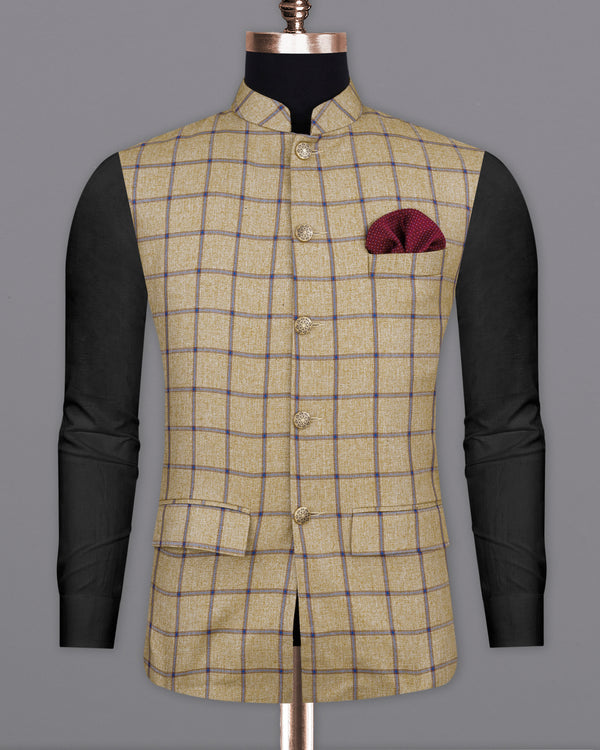 Mongoose Brown with Dianne Blue Windowpane Bandhgala Nehru Jacket  WC2137-38, WC2137-39, WC2137-40, WC2137-42, WC2137-44, WC2137-46, WC2137-48, WC2137-50, WC2137-52