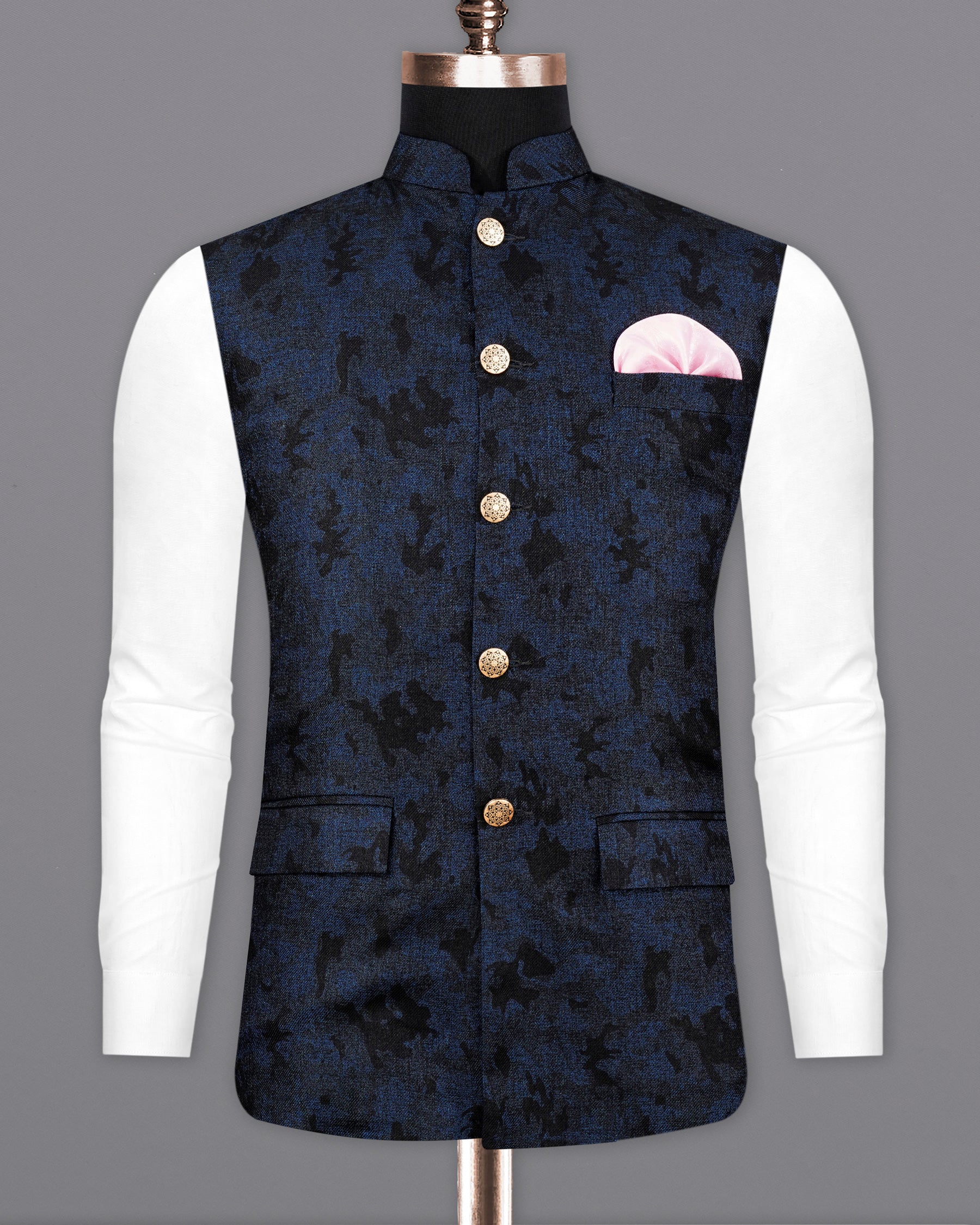 Gunmetal Navy Blue with Jade Black Chintz Bandhgala Designer Nehru Jacket WC2158-38, WC2158-39, WC2158-40, WC2158-42, WC2158-44, WC2158-46, WC2158-48, WC2158-50, WC2158-52