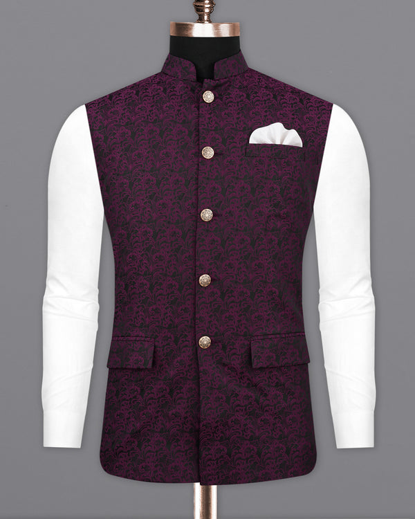 Thunder Dark Maroon with Byzantium Maroon Damask Bandhgala Nehru Jacket  WC2159-38, WC2159-39, WC2159-40, WC2159-42, WC2159-44, WC2159-46, WC2159-48, WC2159-50, WC2159-52