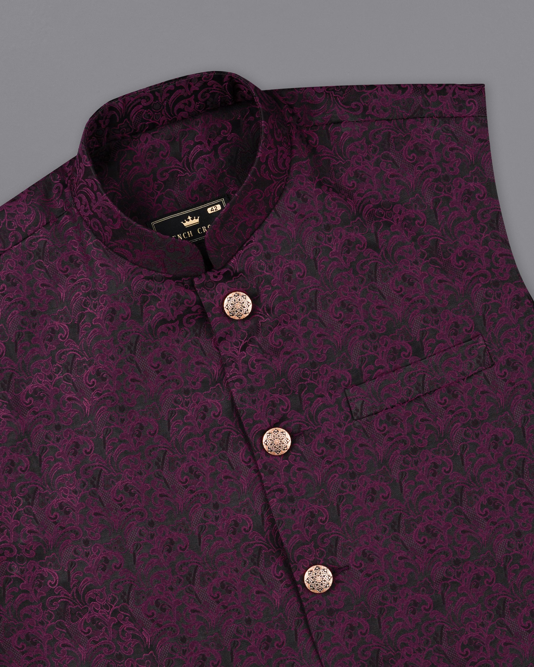 Thunder Dark Maroon with Byzantium Maroon Damask Bandhgala Nehru Jacket  WC2159-38, WC2159-39, WC2159-40, WC2159-42, WC2159-44, WC2159-46, WC2159-48, WC2159-50, WC2159-52