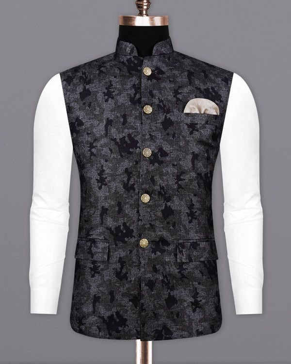 Montana Gray with Jade Black Chintz Printed Bandhgala Nehru Jacket WC2166-38, WC2166-39, WC2166-40, WC2166-42, WC2166-44, WC2166-46, WC2166-48, WC2166-50, WC2166-52