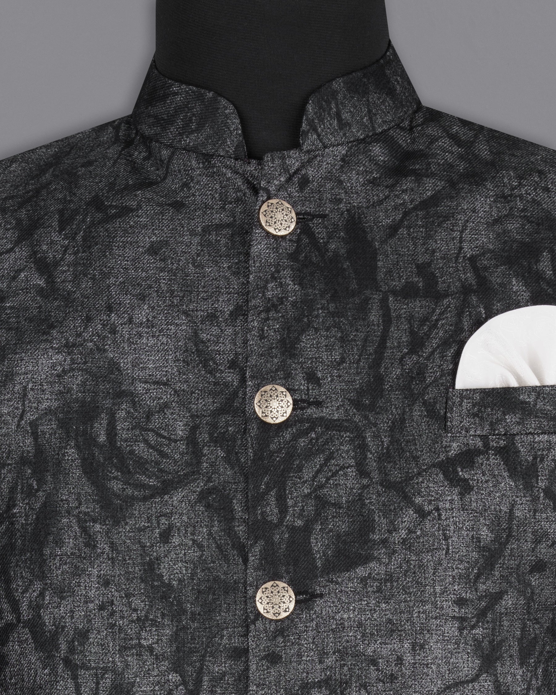 Flint Gray and Jade Black Textured Designer Nehru Jacket  WC2180-36, WC2180-38, WC2180-40, WC2180-42, WC2180-44, WC2180-46, WC2180-48, WC2180-50, WC2180-52, WC2180-54, WC2180-56, WC2180-58, WC2180-60