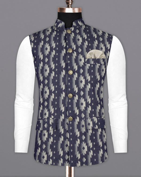 Gunmetal Blue with Nobel Cream Iktat Printed Nehru Jacket  WC2183-36, WC2183-38, WC2183-40, WC2183-42, WC2183-44, WC2183-46, WC2183-48, WC2183-50, WC2183-52, WC2183-54, WC2183-56, WC2183-58, WC2183-60