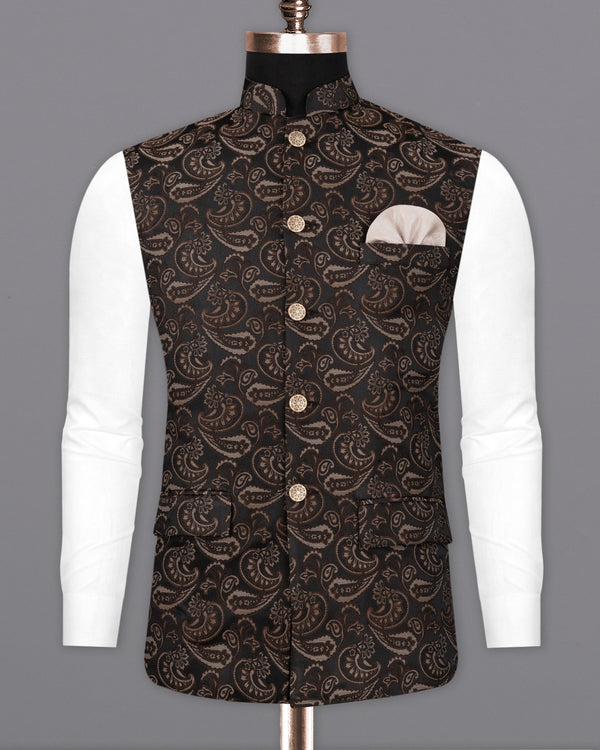 Stonewall Brown with Zeus Black Paisley Textured Designer Nehru Jacket  WC2204-36, WC2204-38, WC2204-40, WC2204-42, WC2204-44, WC2204-46, WC2204-48, WC2204-50, WC2204-52, WC2204-54, WC2204-56, WC2204-58, WC2204-60