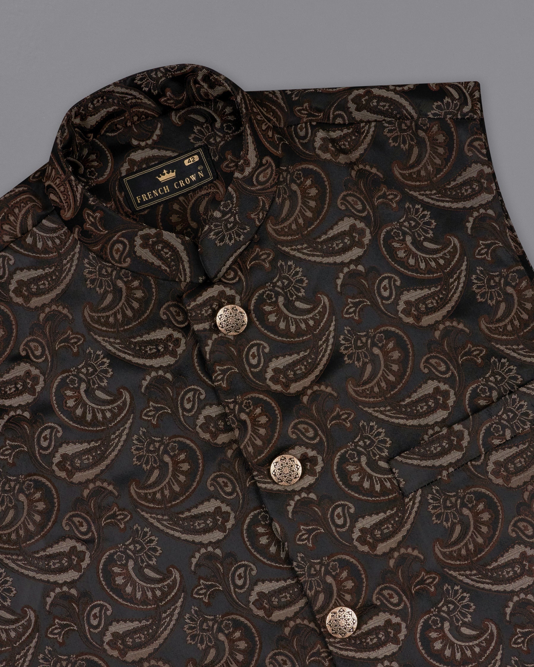 Stonewall Brown with Zeus Black Paisley Textured Designer Nehru Jacket  WC2204-36, WC2204-38, WC2204-40, WC2204-42, WC2204-44, WC2204-46, WC2204-48, WC2204-50, WC2204-52, WC2204-54, WC2204-56, WC2204-58, WC2204-60