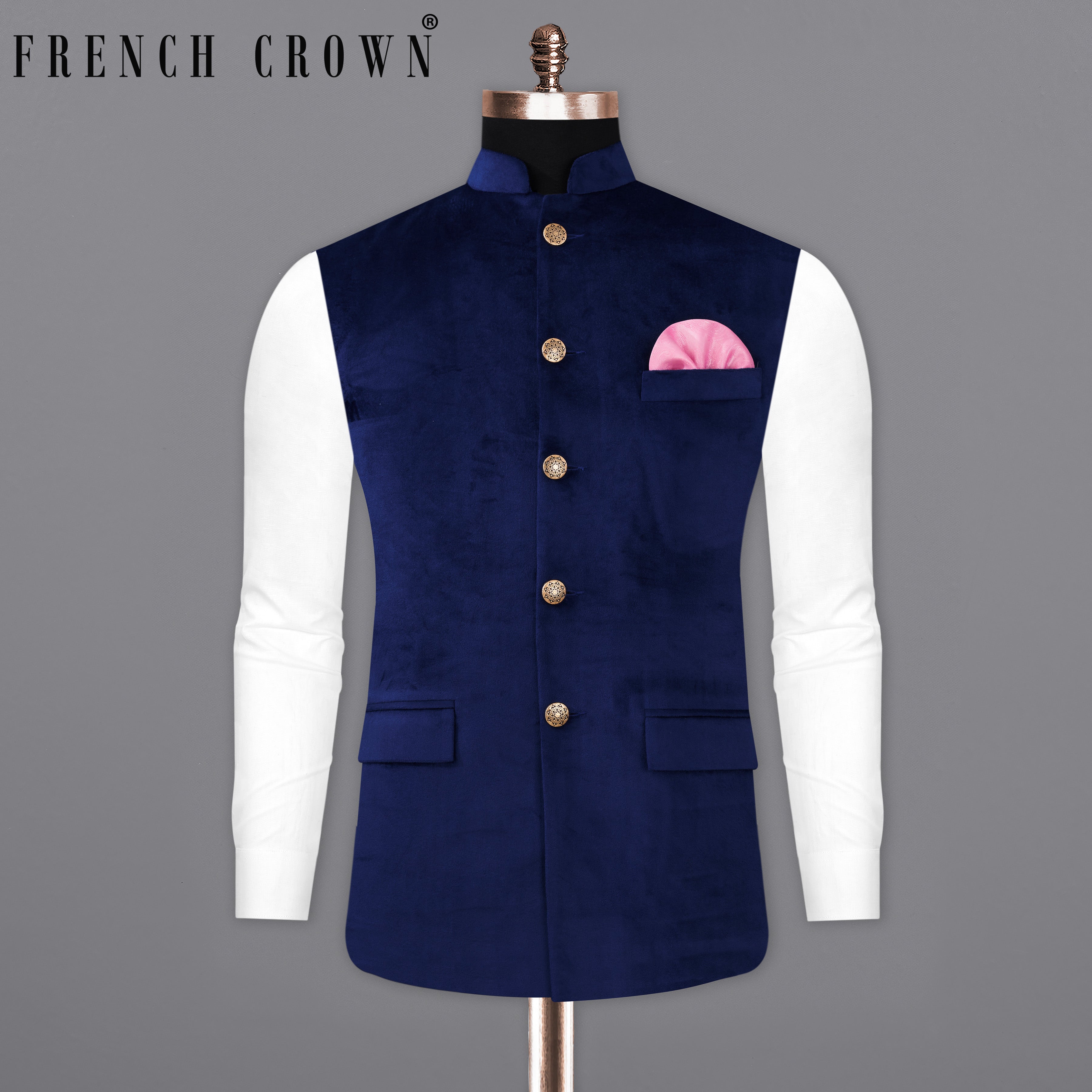 Downriver Navy Blue Plain-Solid Premium Wedding Nehru Jacket For