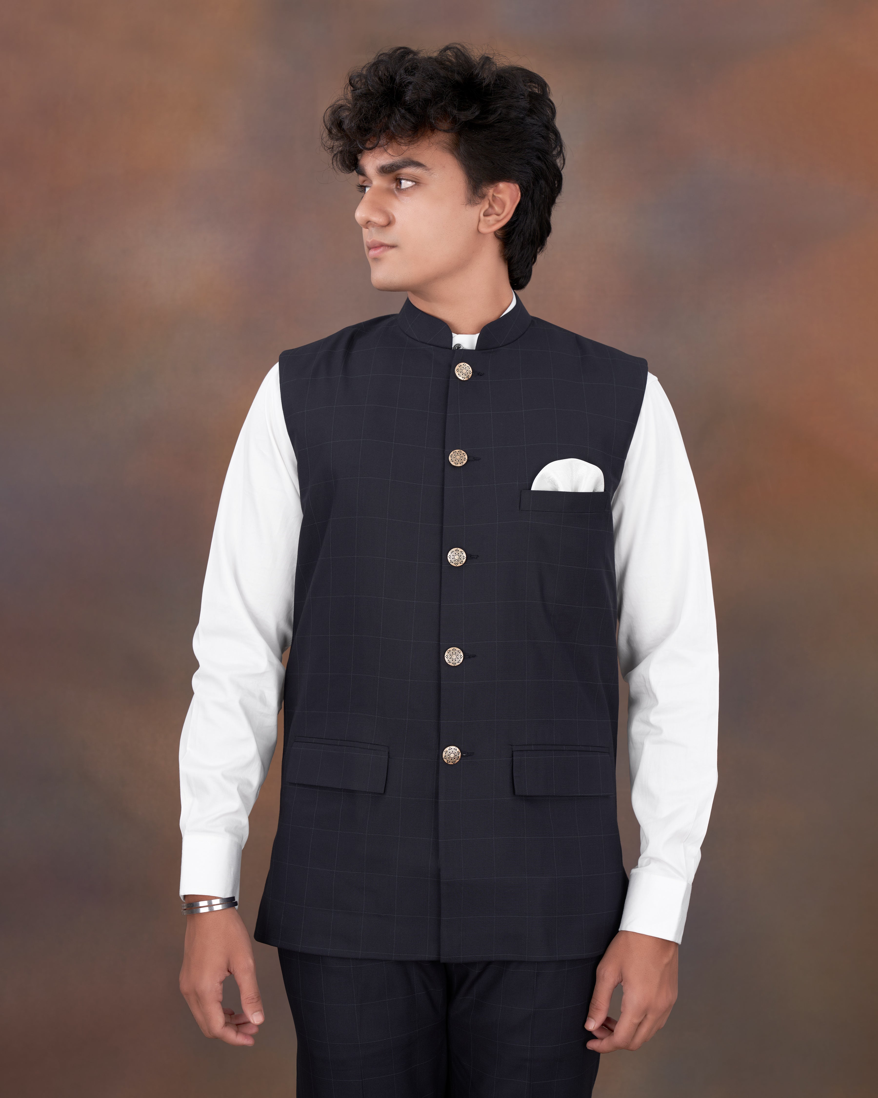 Mirage Blue Plaid Nehru Jacket WC2333-36, WC2333-38, WC2333-40, WC2333-42, WC2333-44, WC2333-46, WC2333-48, WC2333-50, WC2333-52, WC2333-54, WC2333-56, WC2333-58, WC2333-60