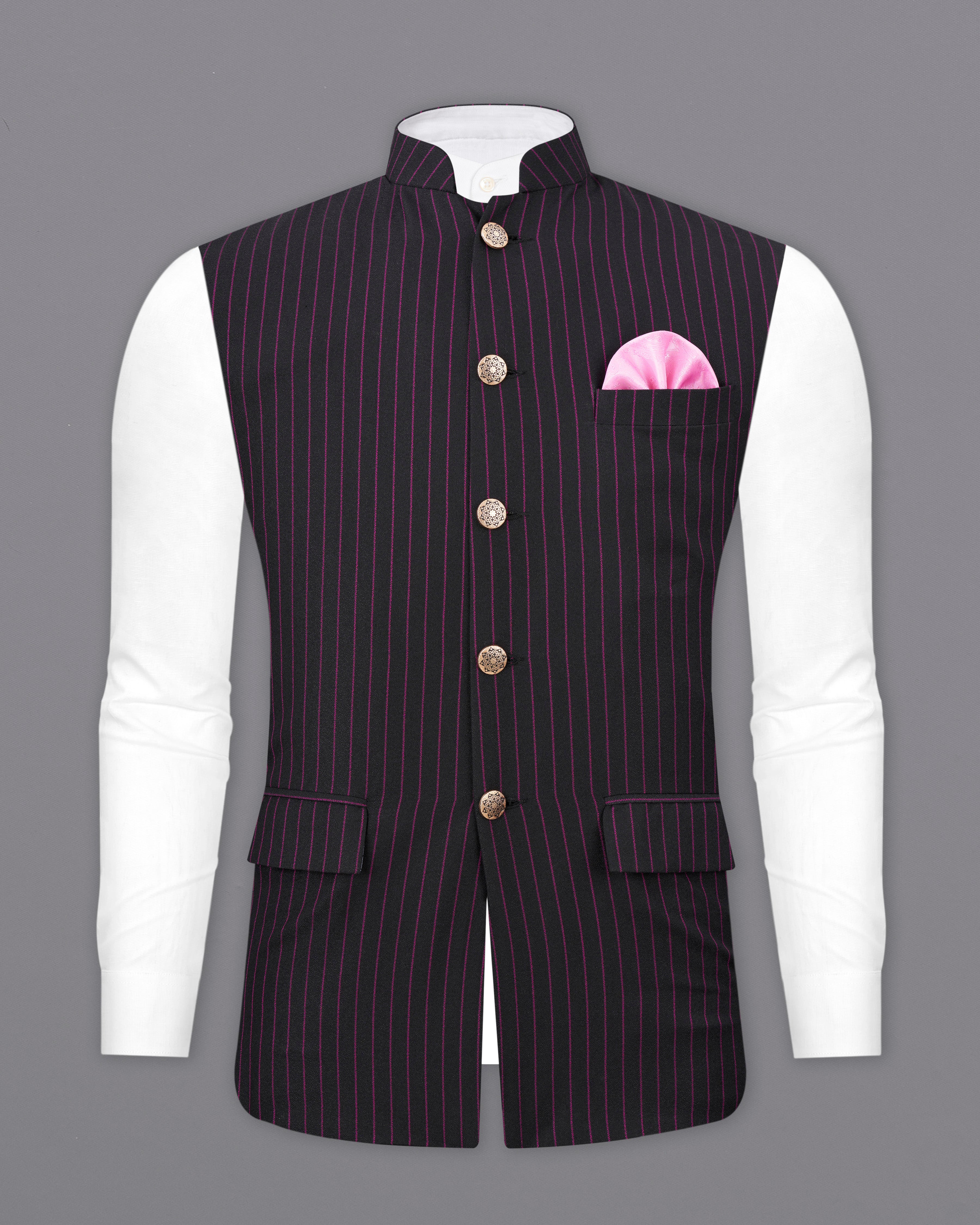 Zeus Black with Dark Mauve Pink Striped Nehru Jacket WC2479-38, WC2479-39, WC2479-40, WC2479-42, WC2479-44, WC2479-46, WC2479-48, WC2479-50, WC2479-52