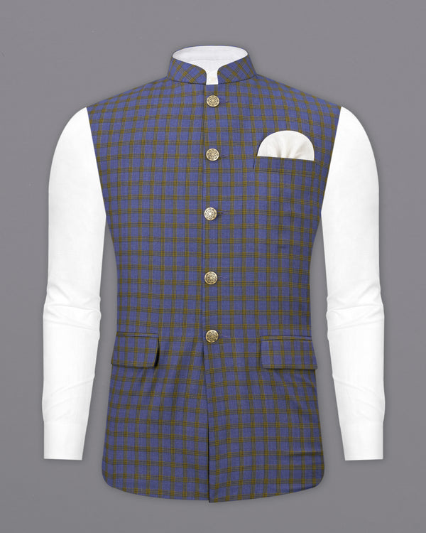 Twilight Blue with Alpine Brown Plaid Nehru Jacket WC2488-38, WC2488-39, WC2488-40, WC2488-42, WC2488-44, WC2488-46, WC2488-48, WC2488-50, WC2488-52