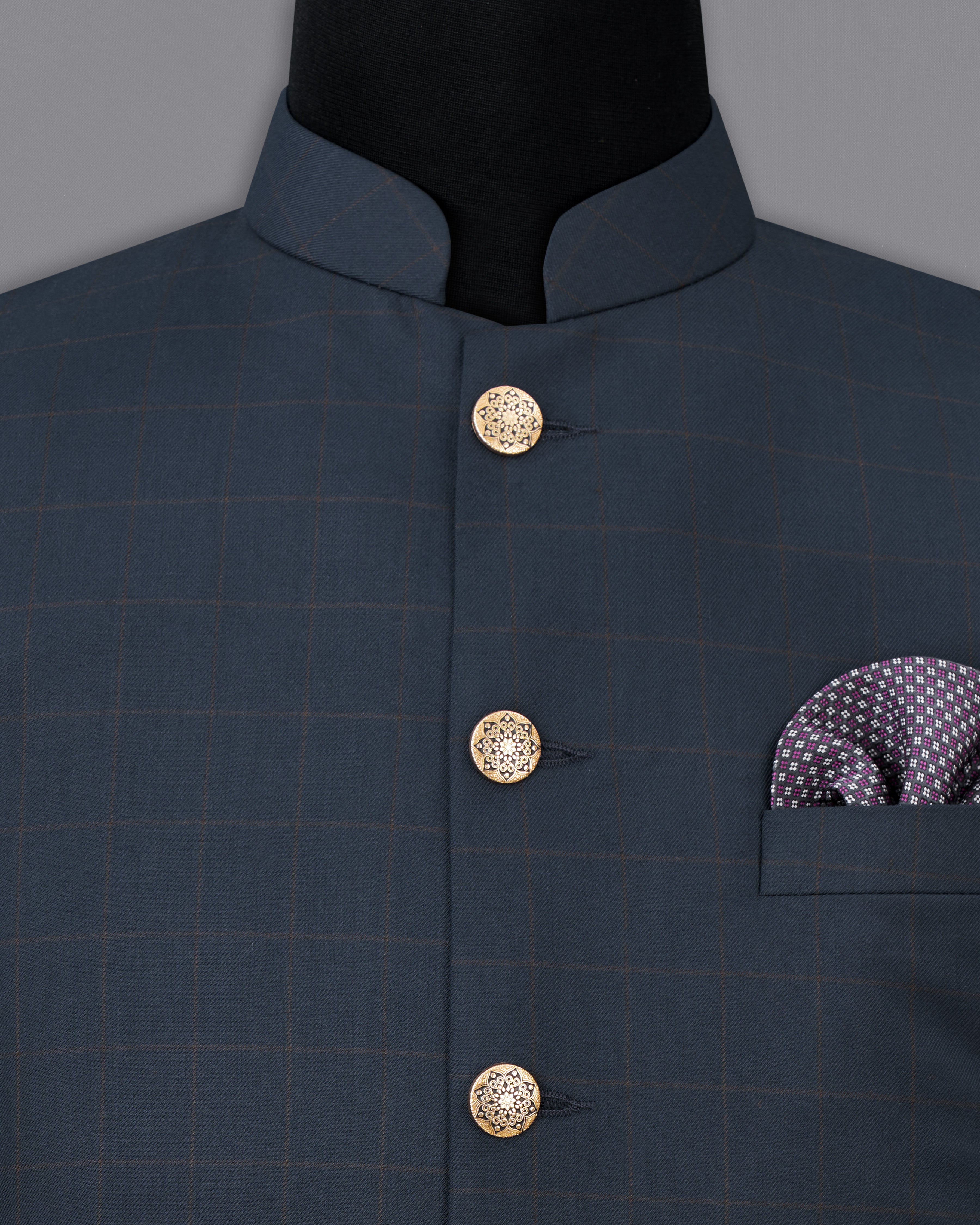 Ebony Clay Blue Windowpane Nehru Jacket WC2501-38, WC2501-39, WC2501-40, WC2501-42, WC2501-44, WC2501-46, WC2501-48, WC2501-50, WC2501-52