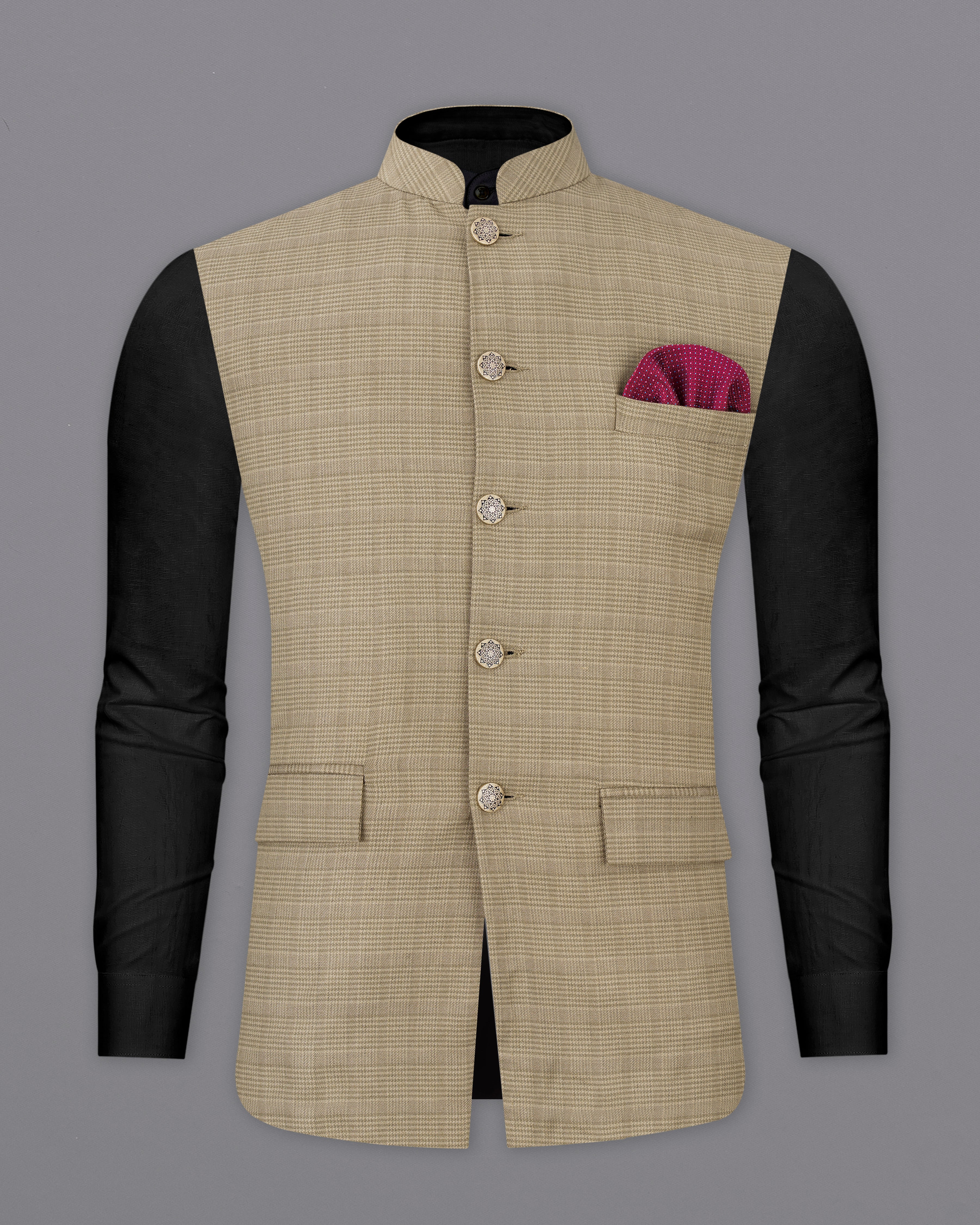 Pale Taupe Brown Plaid Wool Rich Nehru Jacket WC2511-38, WC2511-39, WC2511-40, WC2511-42, WC2511-44, WC2511-46, WC2511-48, WC2511-50, WC2511-52