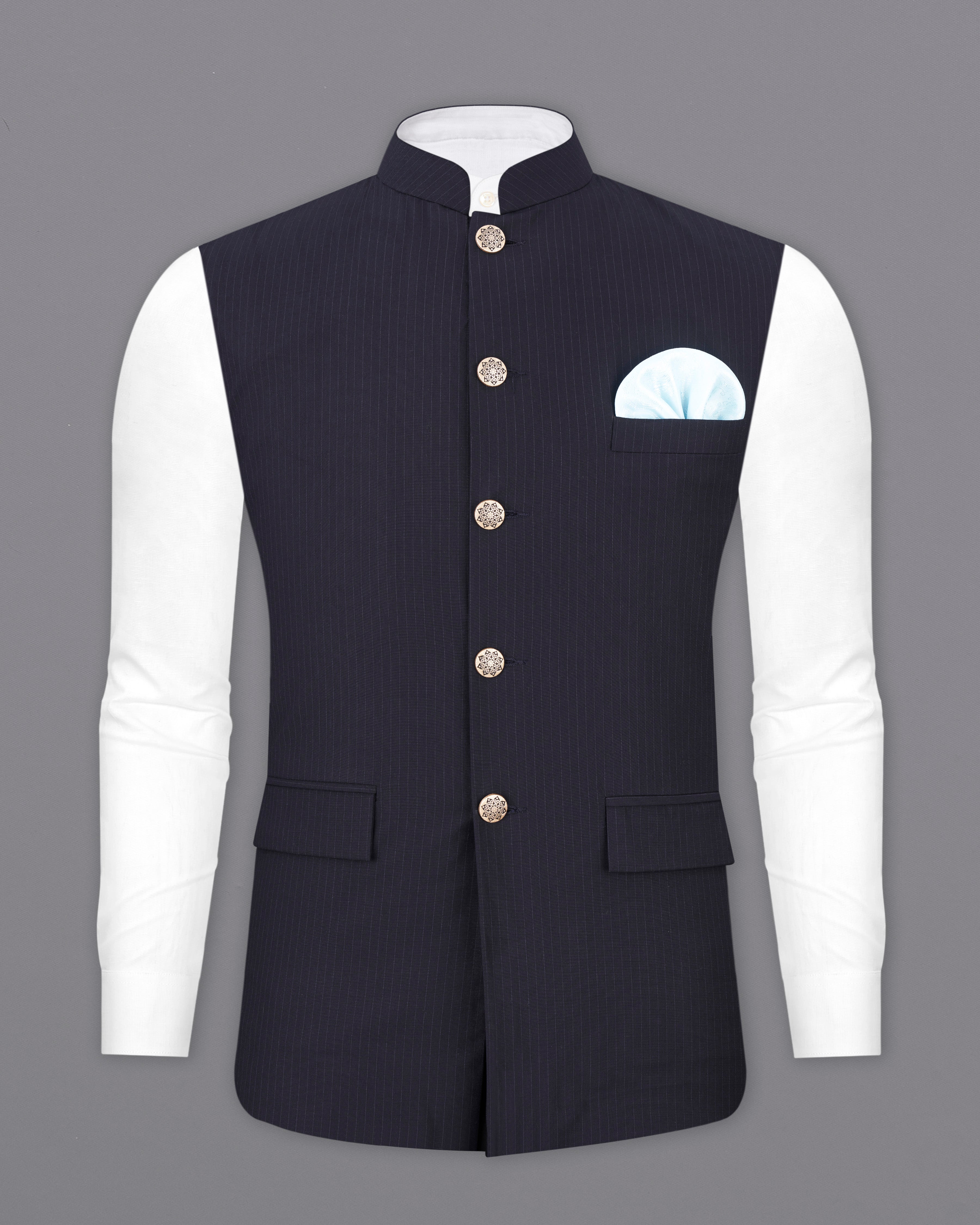 Ebony Clay Blue Striped Nehru Jacket WC2543-36, WC2543-38, WC2543-40, WC2543-42, WC2543-44, WC2543-46, WC2543-48, WC2543-50, WC2543-52, WC2543-54, WC2543-54, WC2543-58, WC2543-60