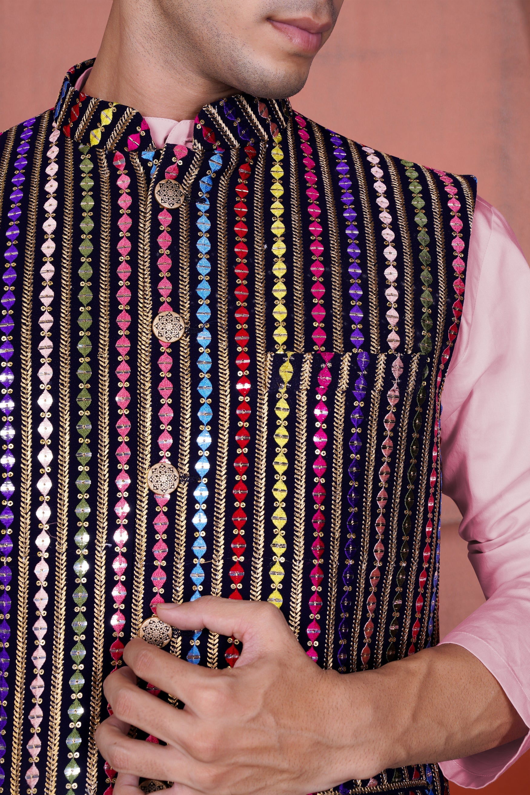 Ebony Blue and Cerise Pink Vertical Thread and Sequin Embroidered Designer Nehru Jacket