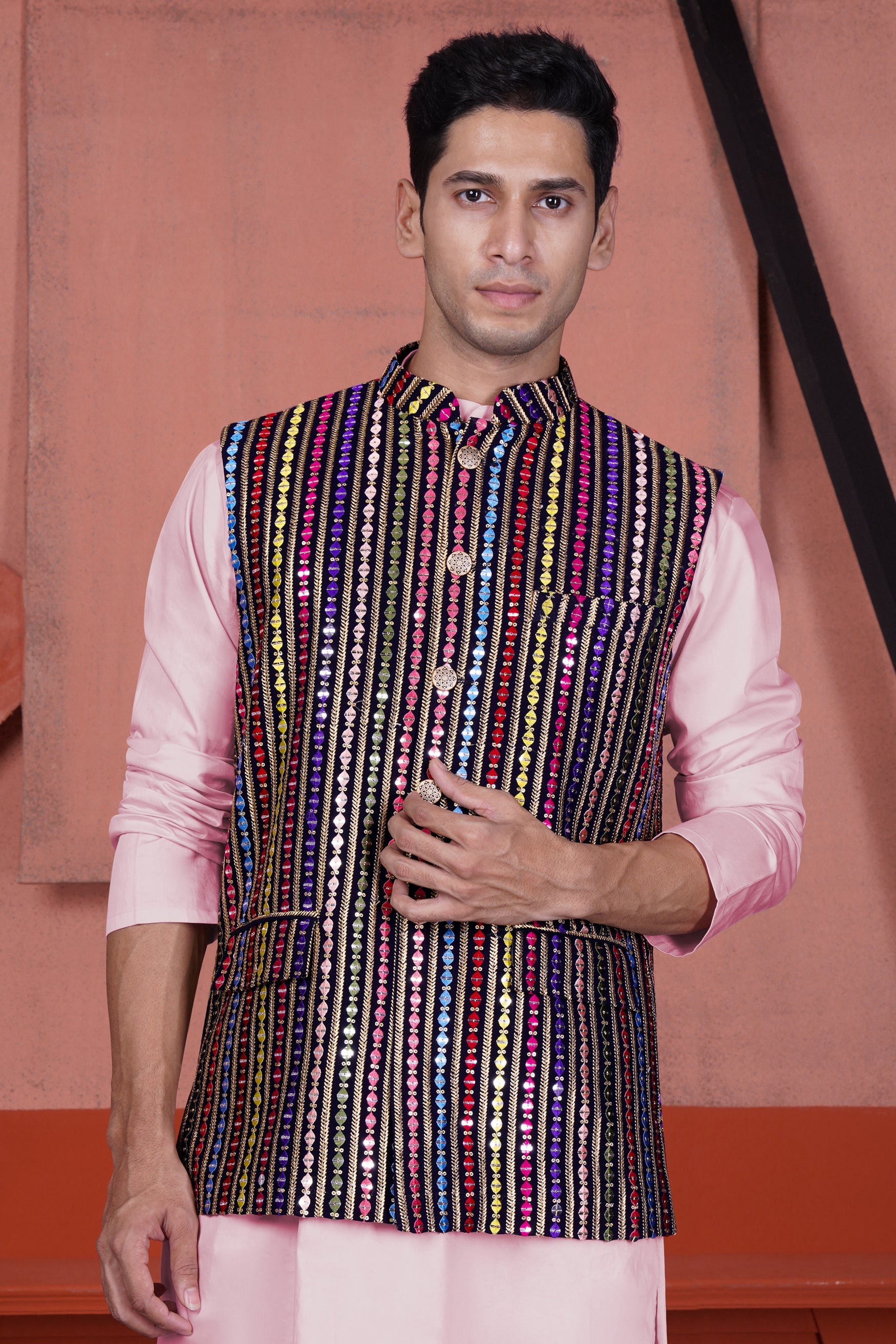 Ebony Blue and Cerise Pink Vertical Thread and Sequin Embroidered Designer Nehru Jacket