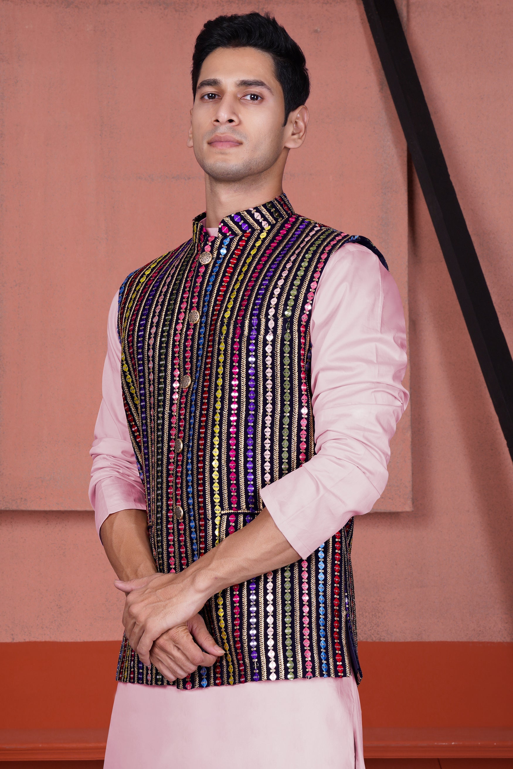 Ebony Blue and Cerise Pink Vertical Thread and Sequin Embroidered Designer Nehru Jacket