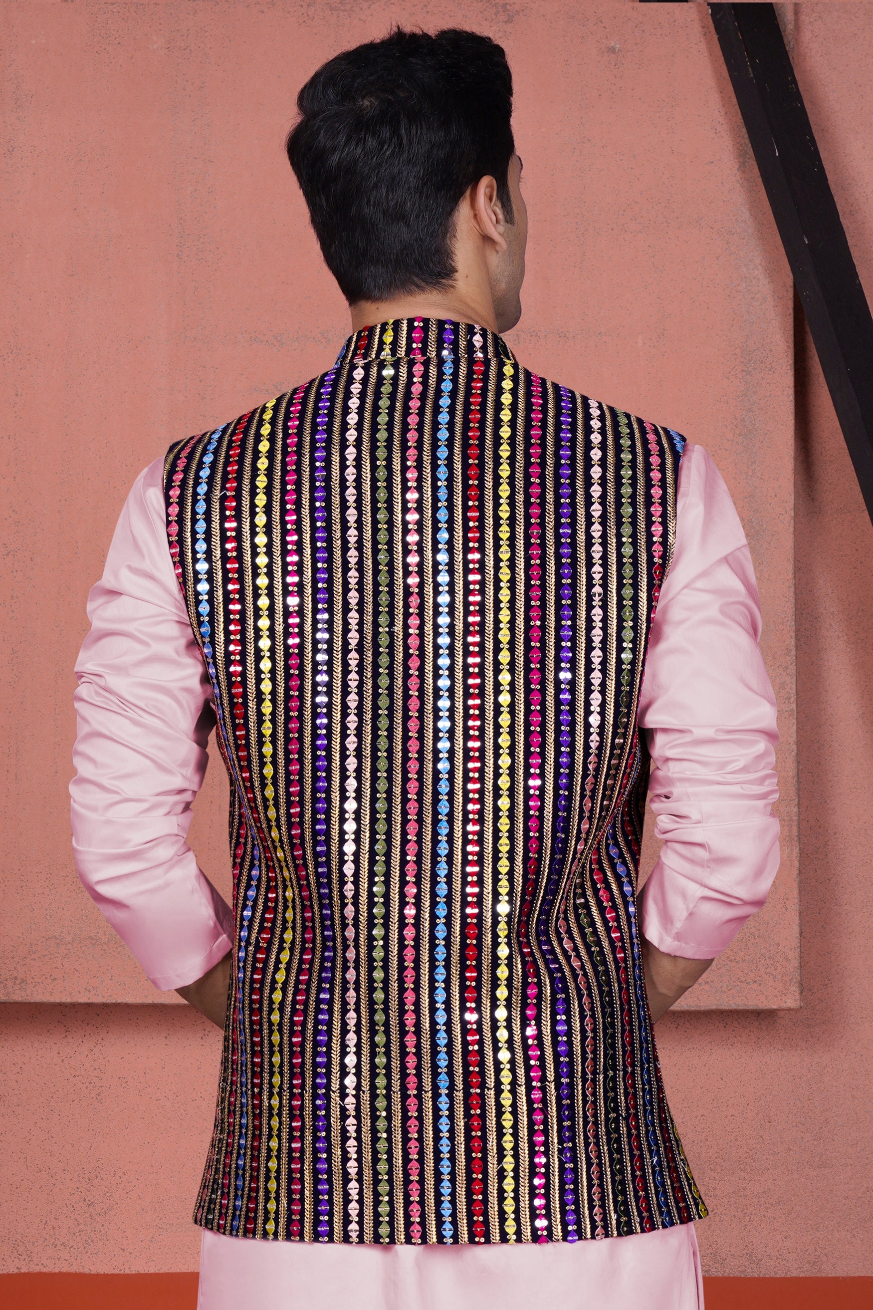 Ebony Blue and Cerise Pink Vertical Thread and Sequin Embroidered Designer Nehru Jacket