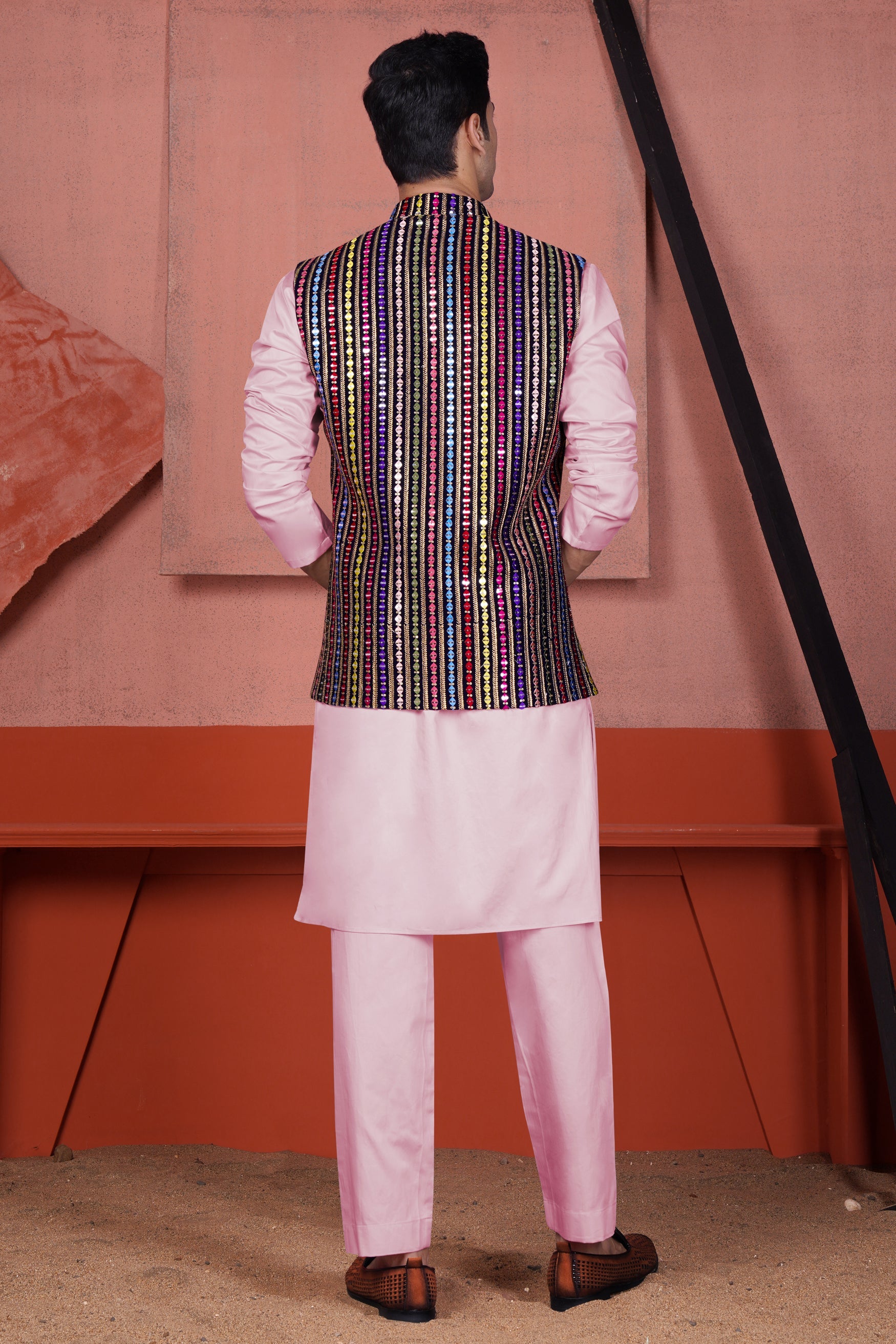 Ebony Blue and Cerise Pink Vertical Thread and Sequin Embroidered Designer Nehru Jacket