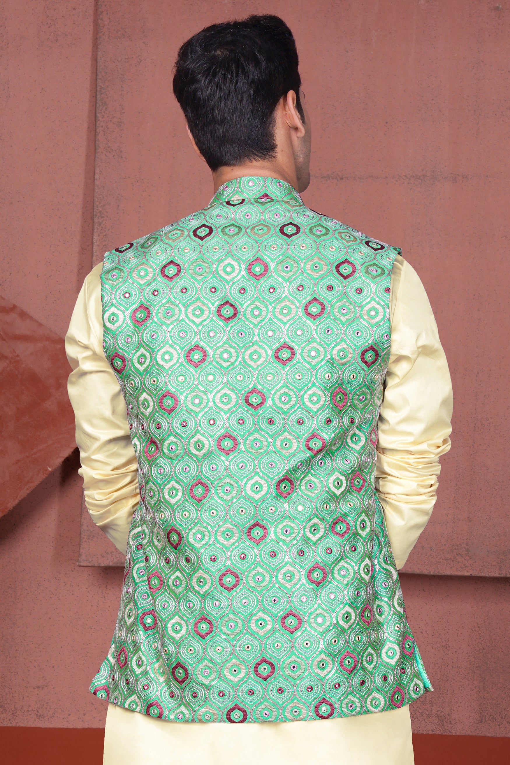 Bermuda Green and Charm Pink Ogee Cotton Thread Embroidered Designer Nehru Jacket