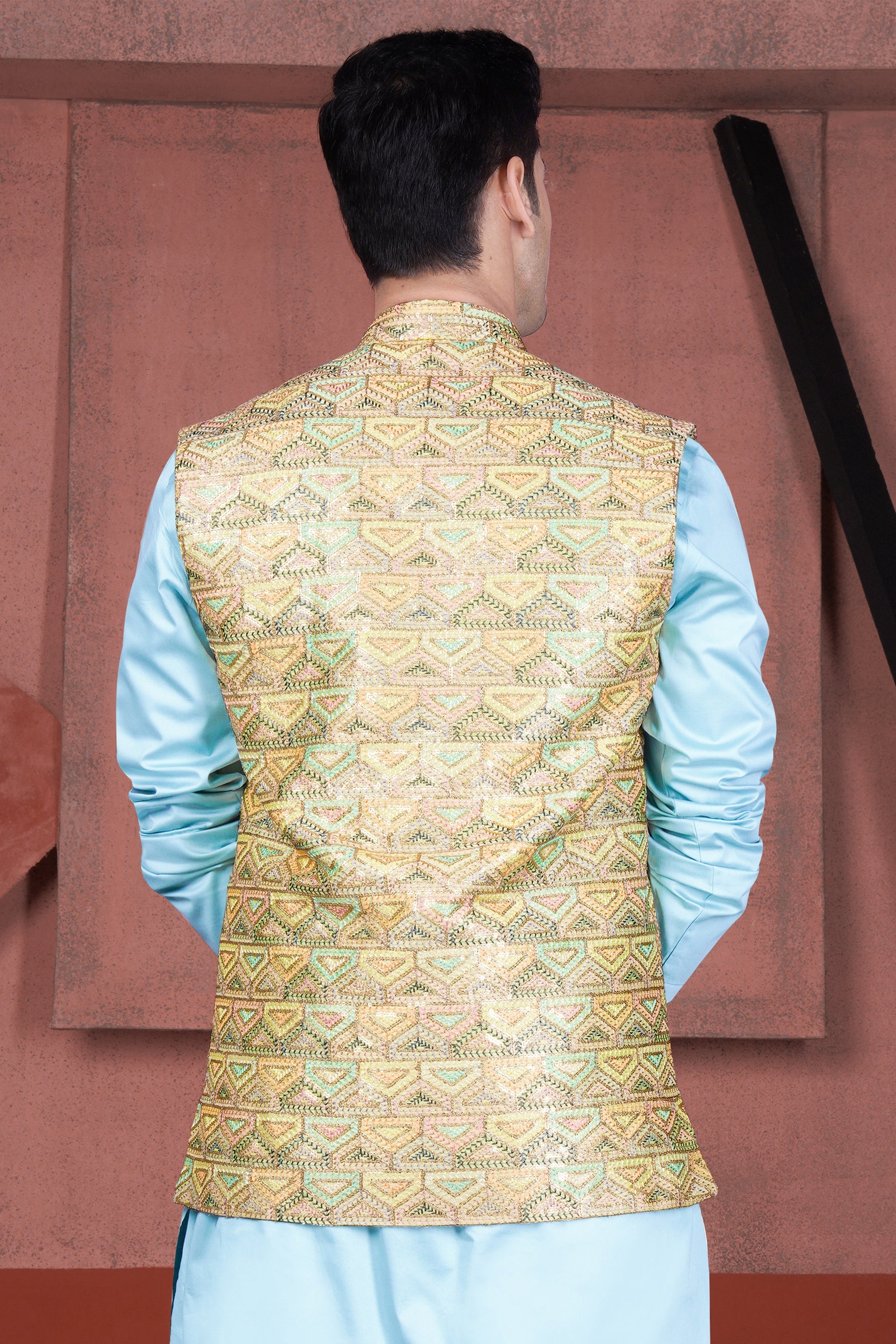 Tacha Brown and Charm Pink Geometric Cotton Thread Embroidered Designer Nehru Jacket