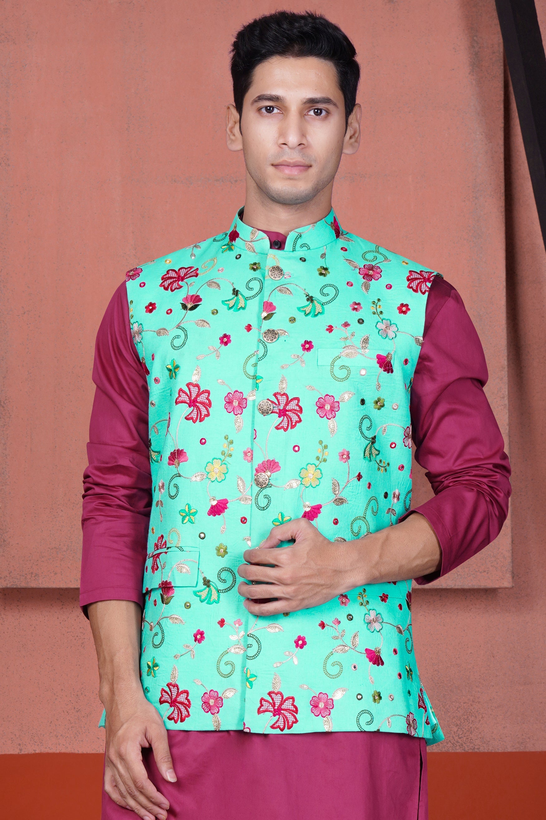 Cyan Blue and Charm Pink Floral Cotton Thread Embroidered Designer Nehru Jacket