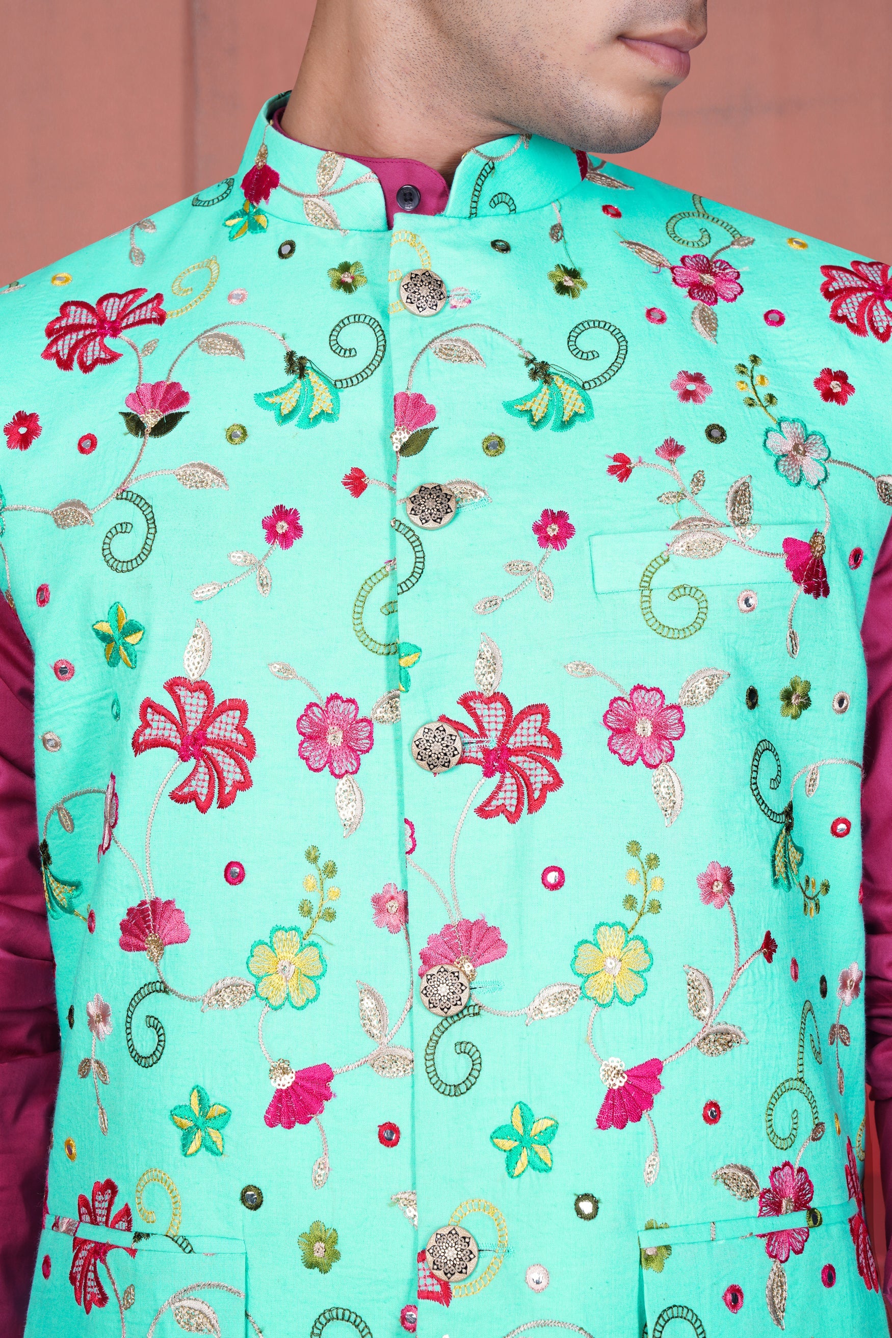 Cyan Blue and Charm Pink Floral Cotton Thread Embroidered Designer Nehru Jacket