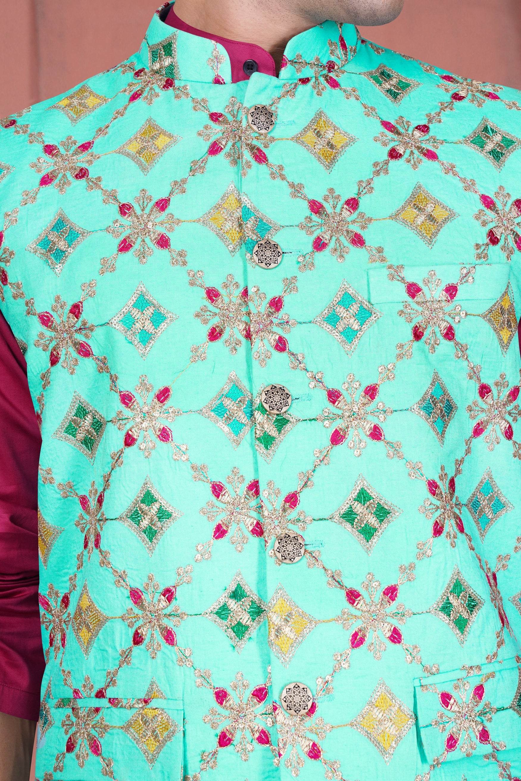 Cyan Blue and Charm Pink Geometric Cotton Thread Embroidered Designer Nehru Jacket