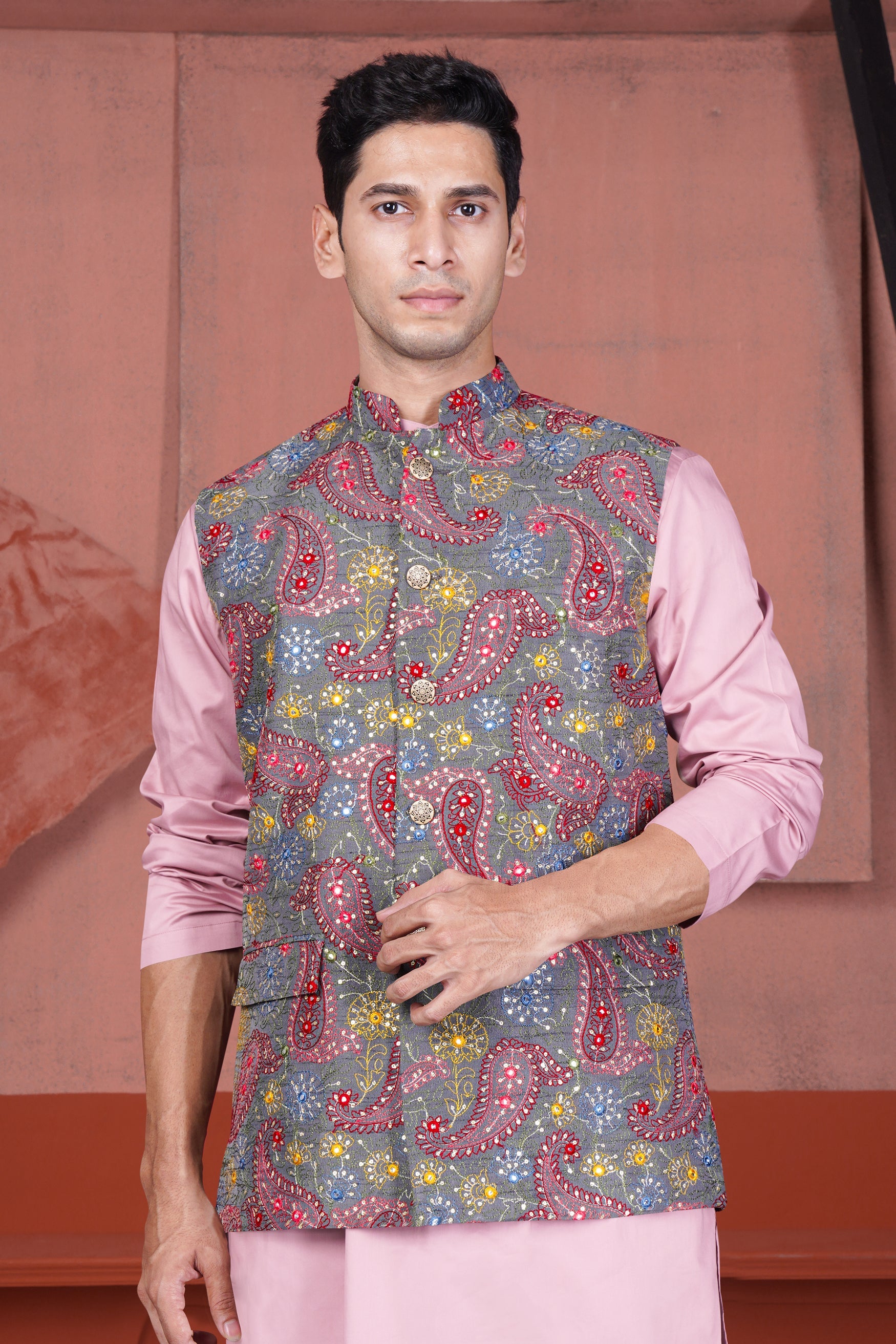 Nickel Gray and Brink Pink Paisley Cotton Thread Embroidered Designer Nehru Jacket