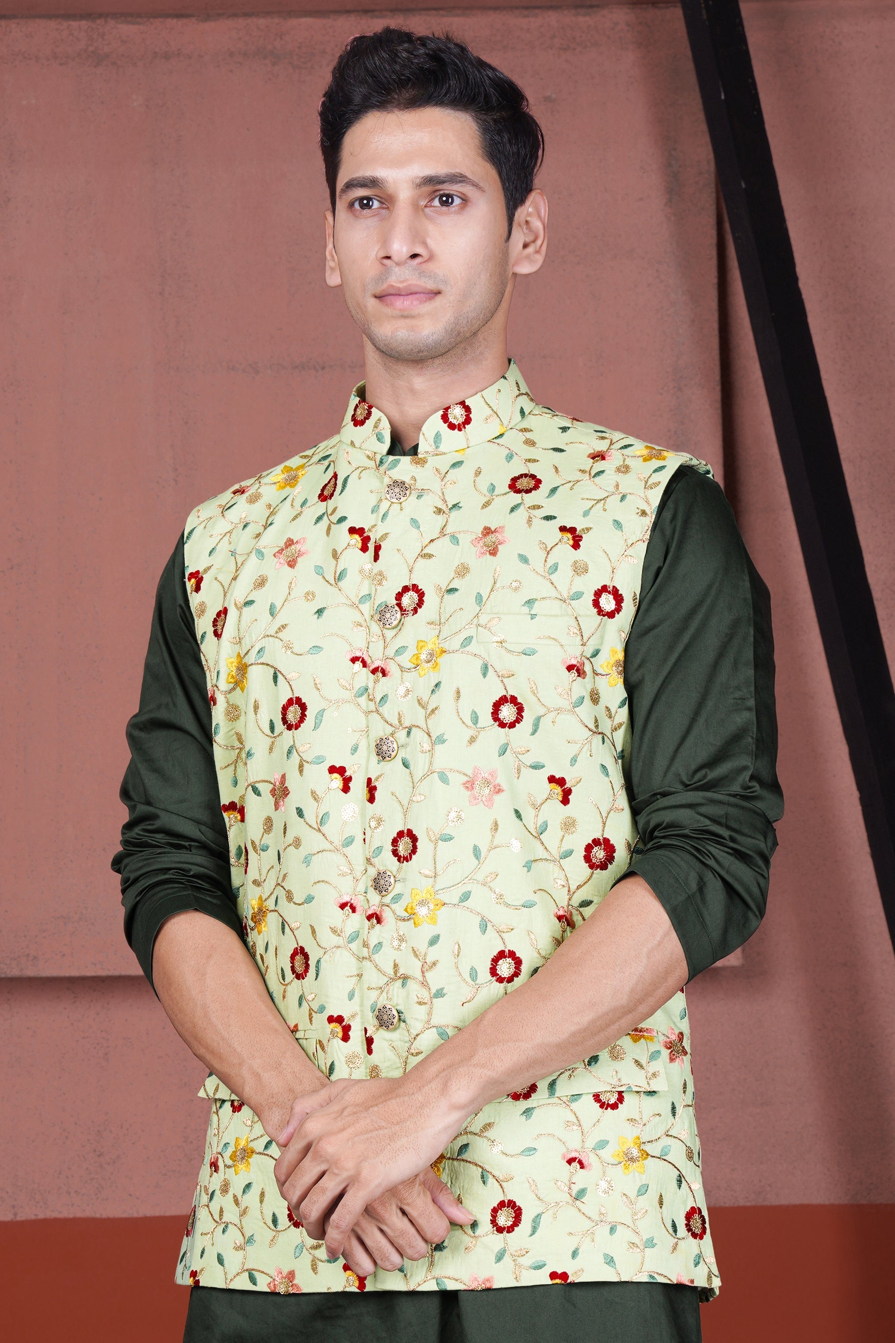 Hampton Green and Beryl Red Floral Multicolour Cotton Thread Embroidered Designer Nehru Jacket