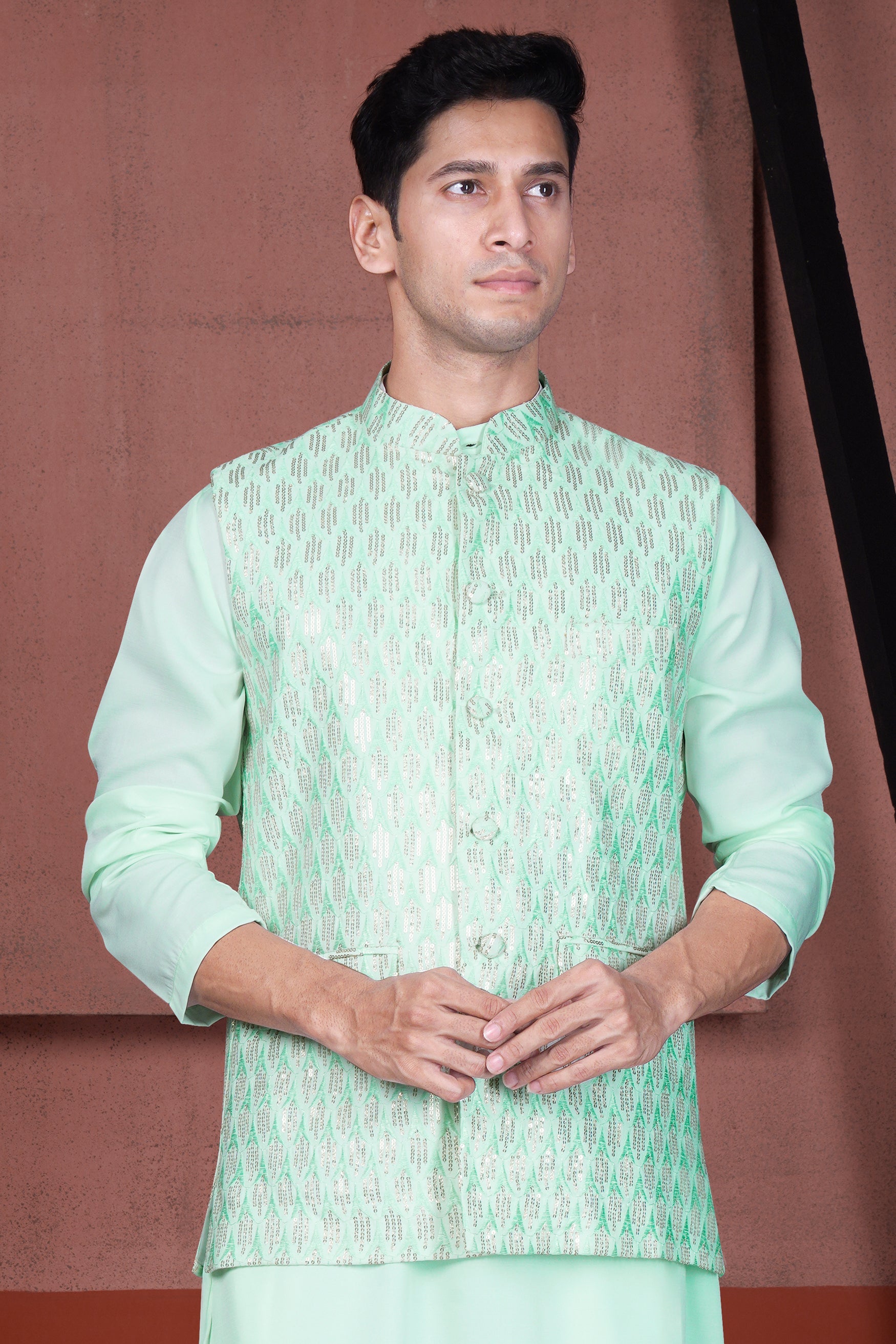 Edgewater Green Viscose Embroidered with Tikki Work Designer Nehru Jacket