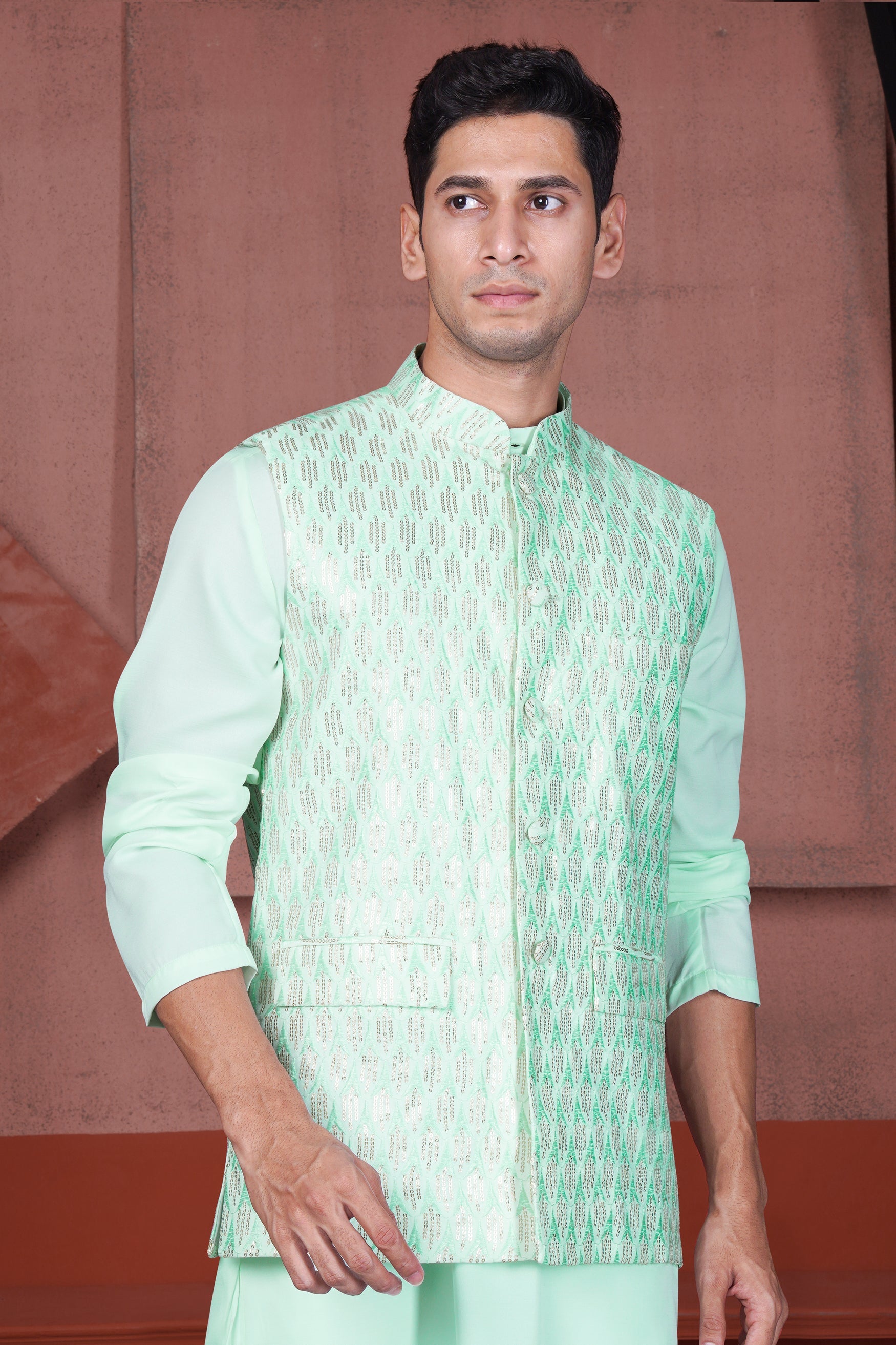 Edgewater Green Viscose Embroidered with Tikki Work Designer Nehru Jacket