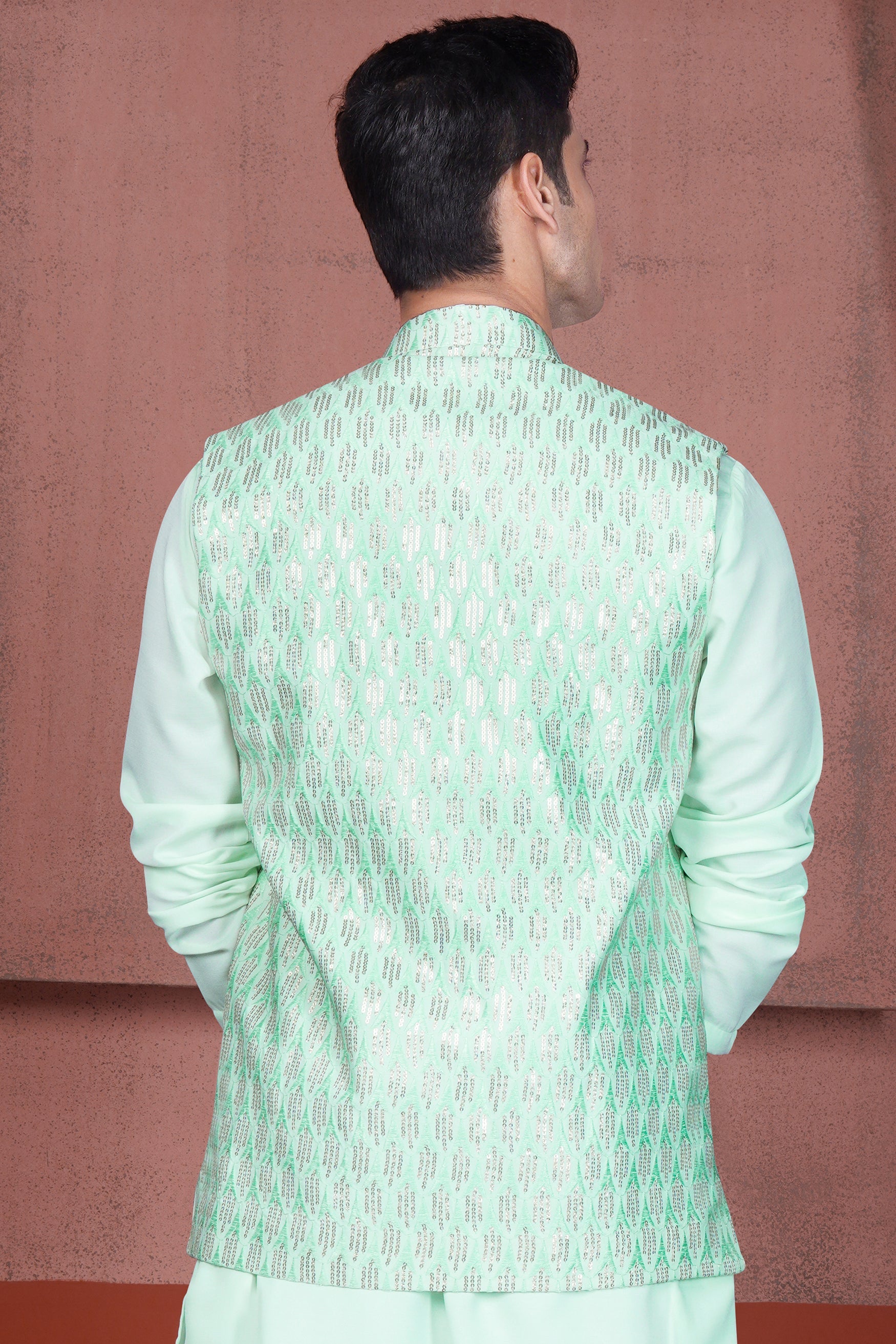 Edgewater Green Viscose Embroidered with Tikki Work Designer Nehru Jacket