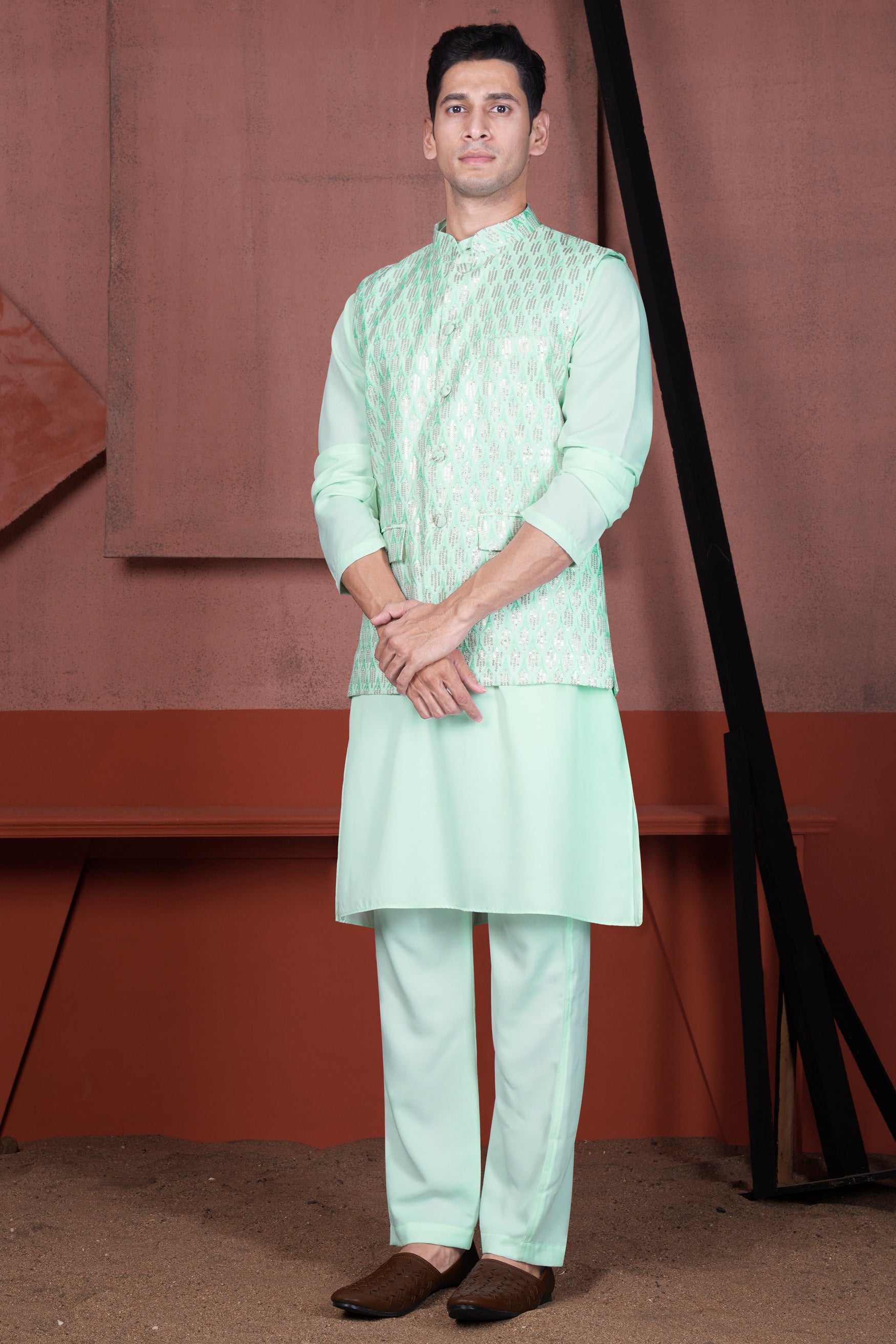 Edgewater Green Viscose Embroidered with Tikki Work Designer Nehru Jacket