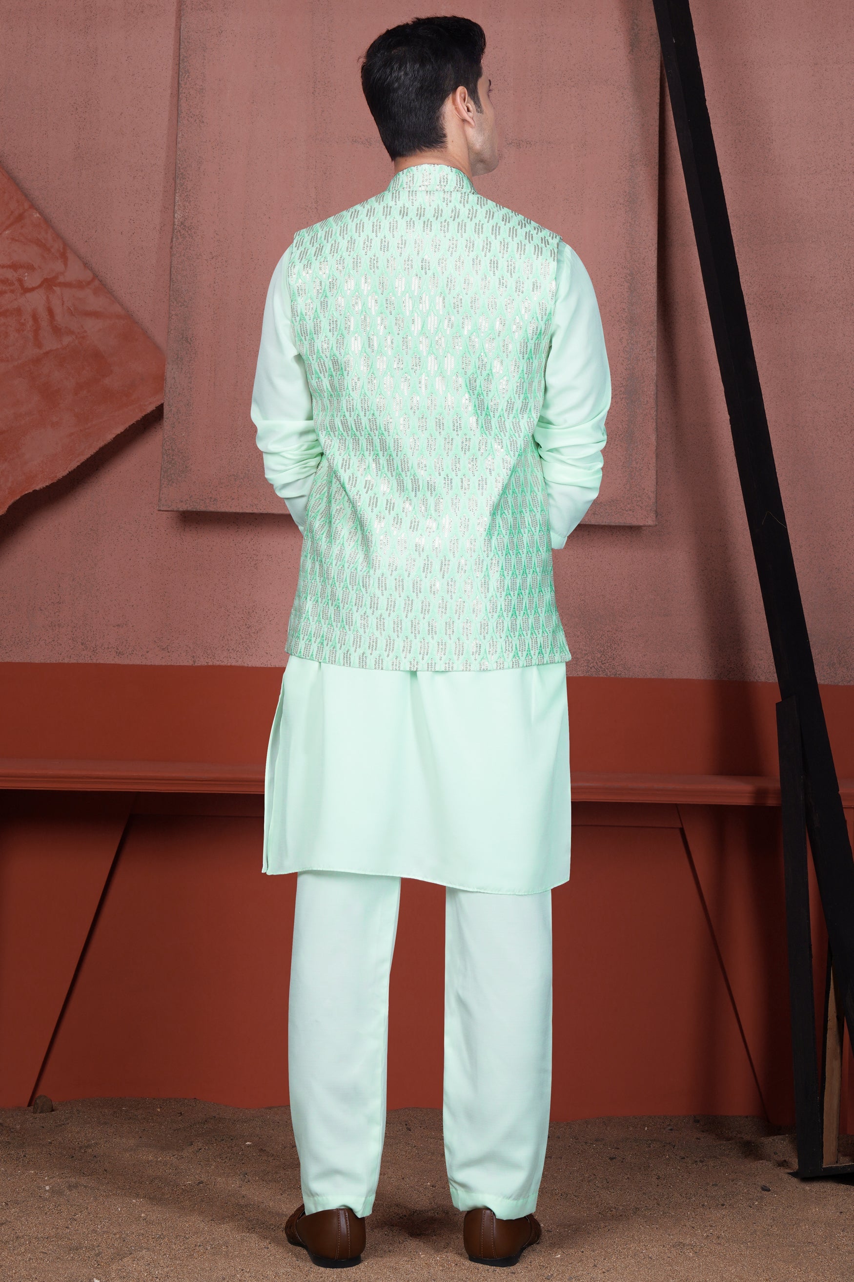 Edgewater Green Viscose Embroidered with Tikki Work Designer Nehru Jacket