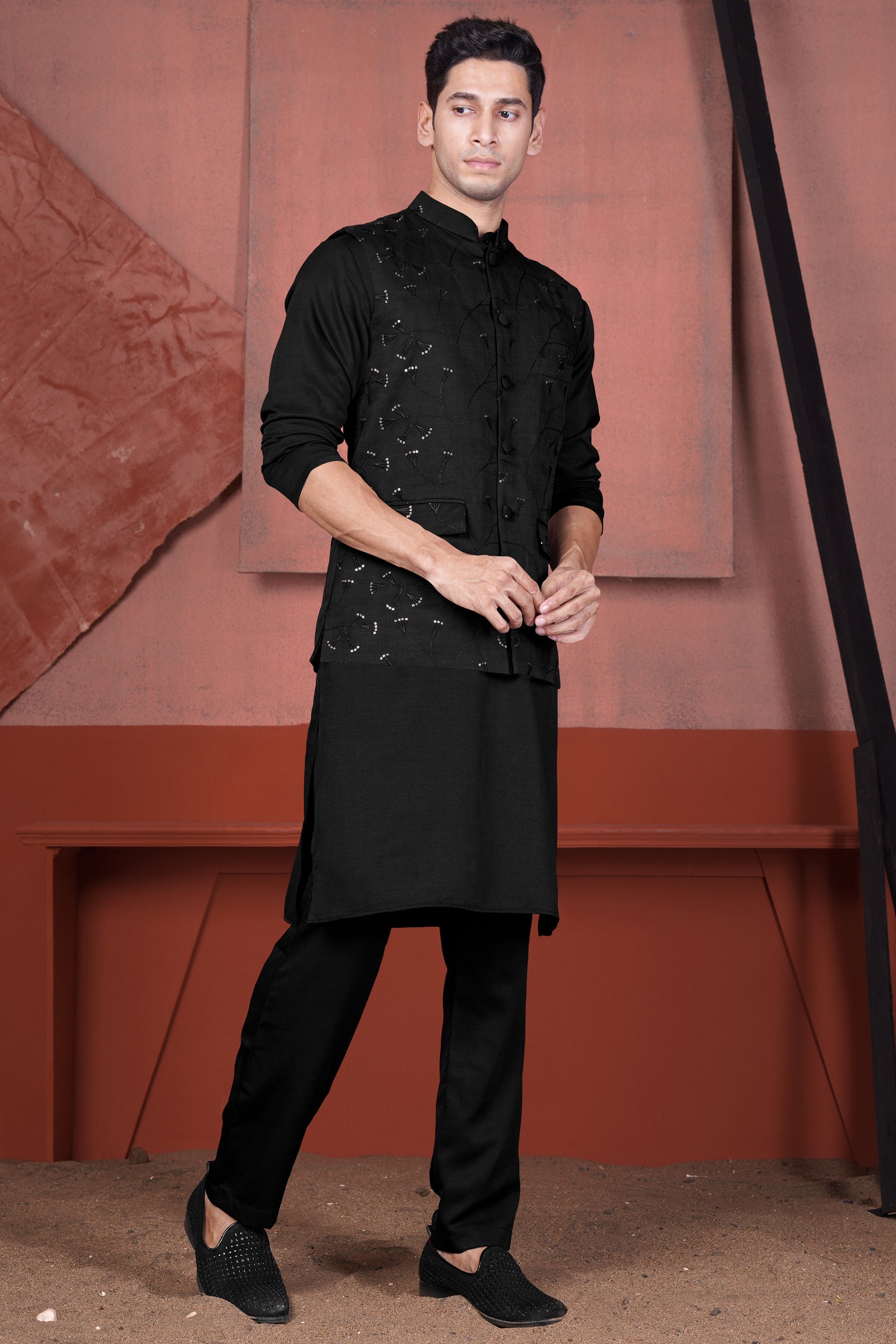Jade Black Viscose Embroidered with Tikki Work Designer Nehru Jacket