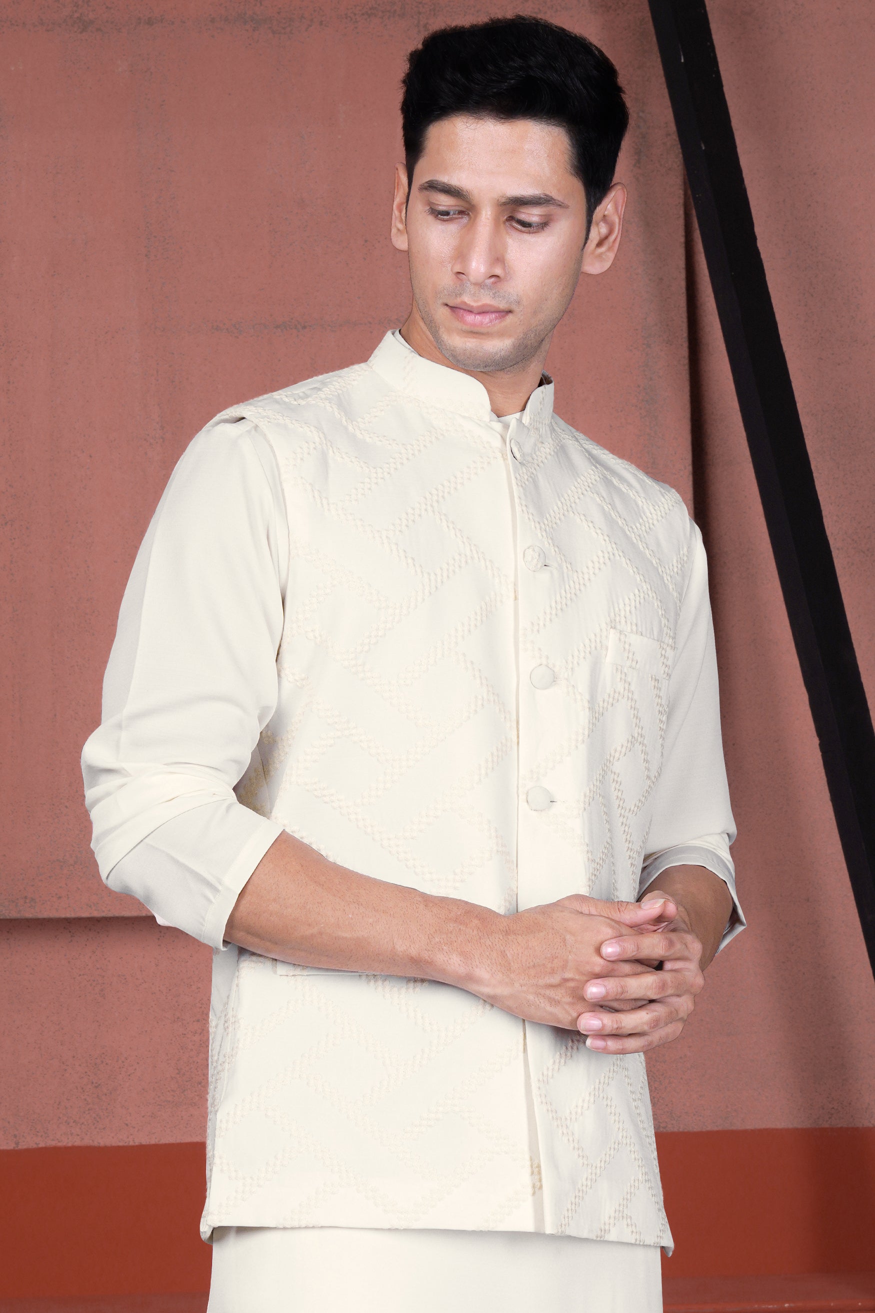 Albescent Cream Viscose Embroidered Designer Nehru Jacket