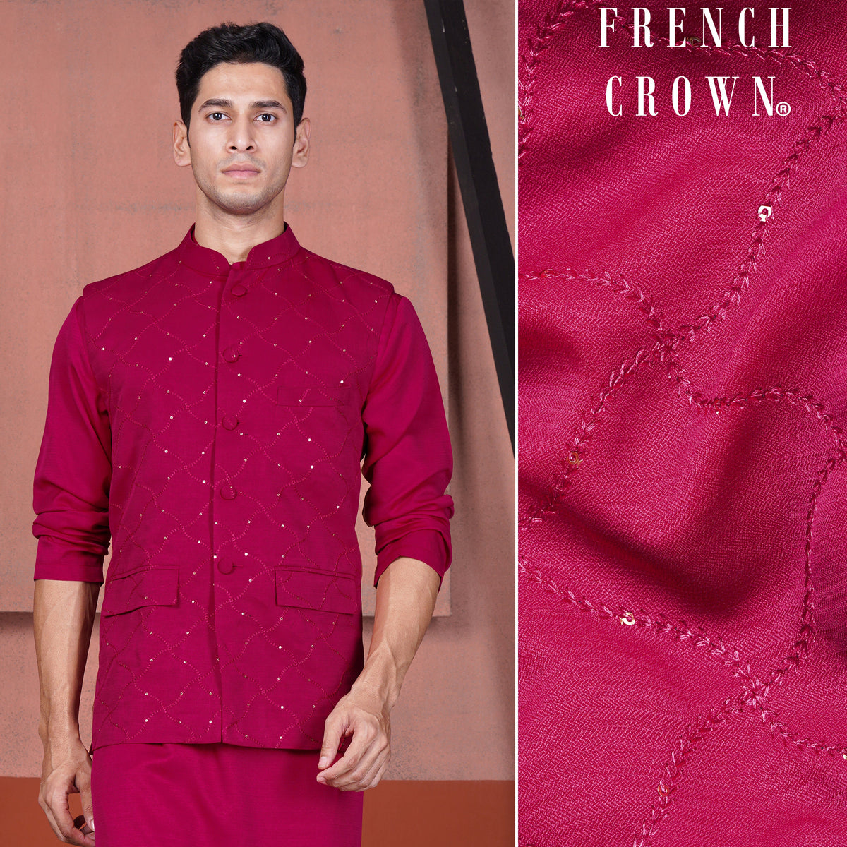 Cardinal Polyester Cardinal Pink Textured Premium Polyester Designer Nehru Jacket For Men