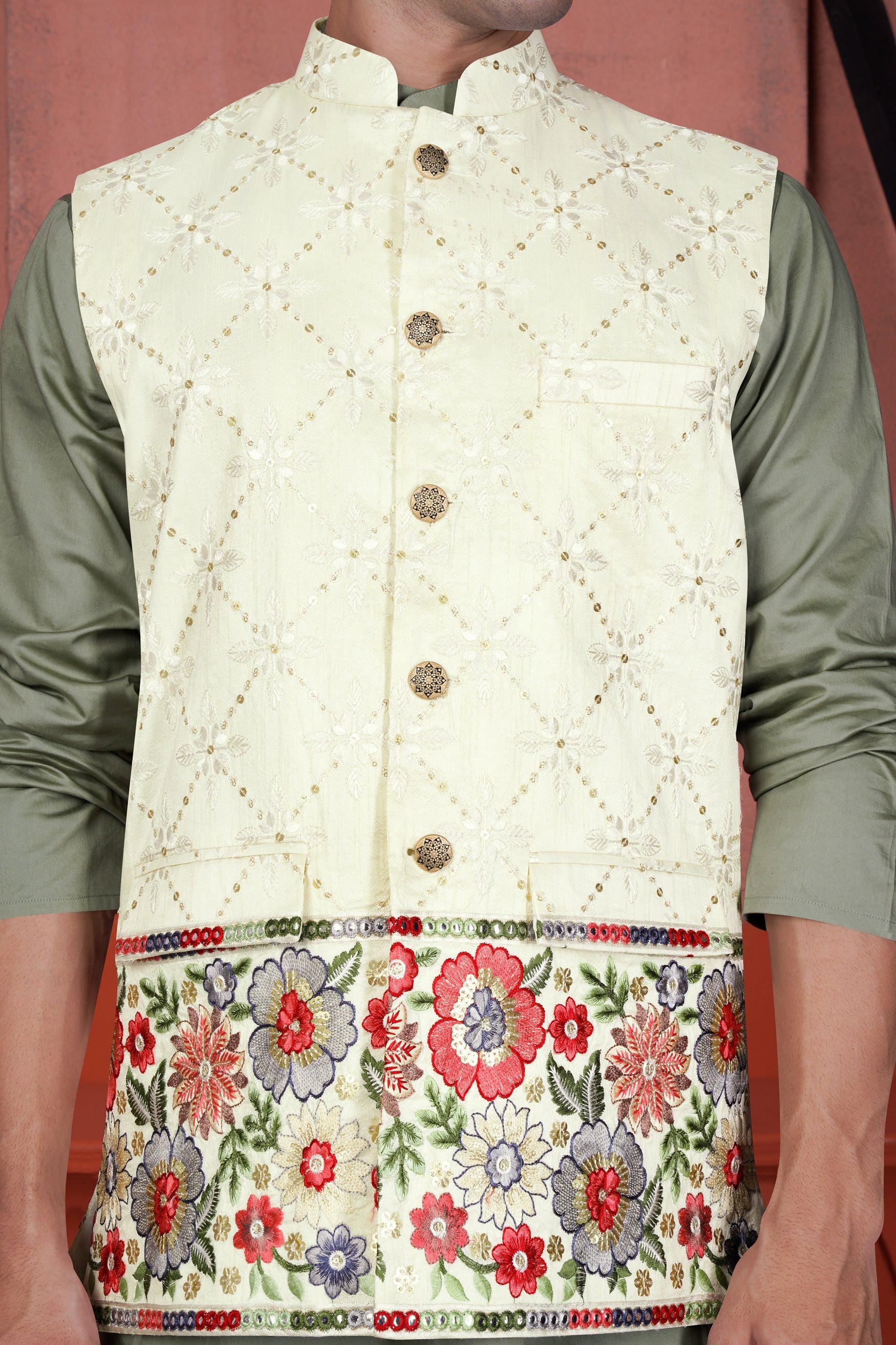 Merino Cream and Terra Pink Floral Cotton Thread Embroidered Designer Nehru Jacket