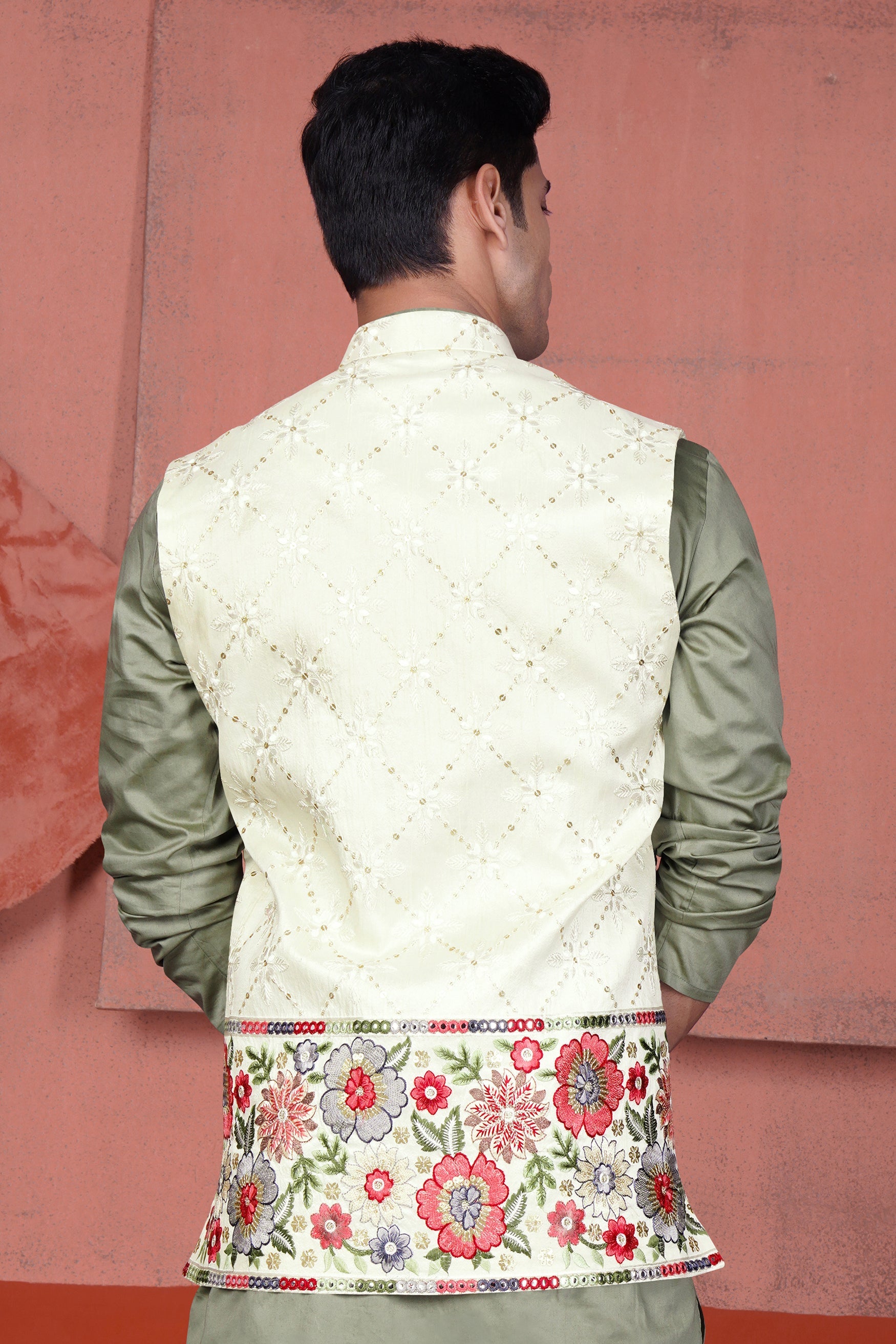 Merino Cream and Terra Pink Floral Cotton Thread Embroidered Designer Nehru Jacket